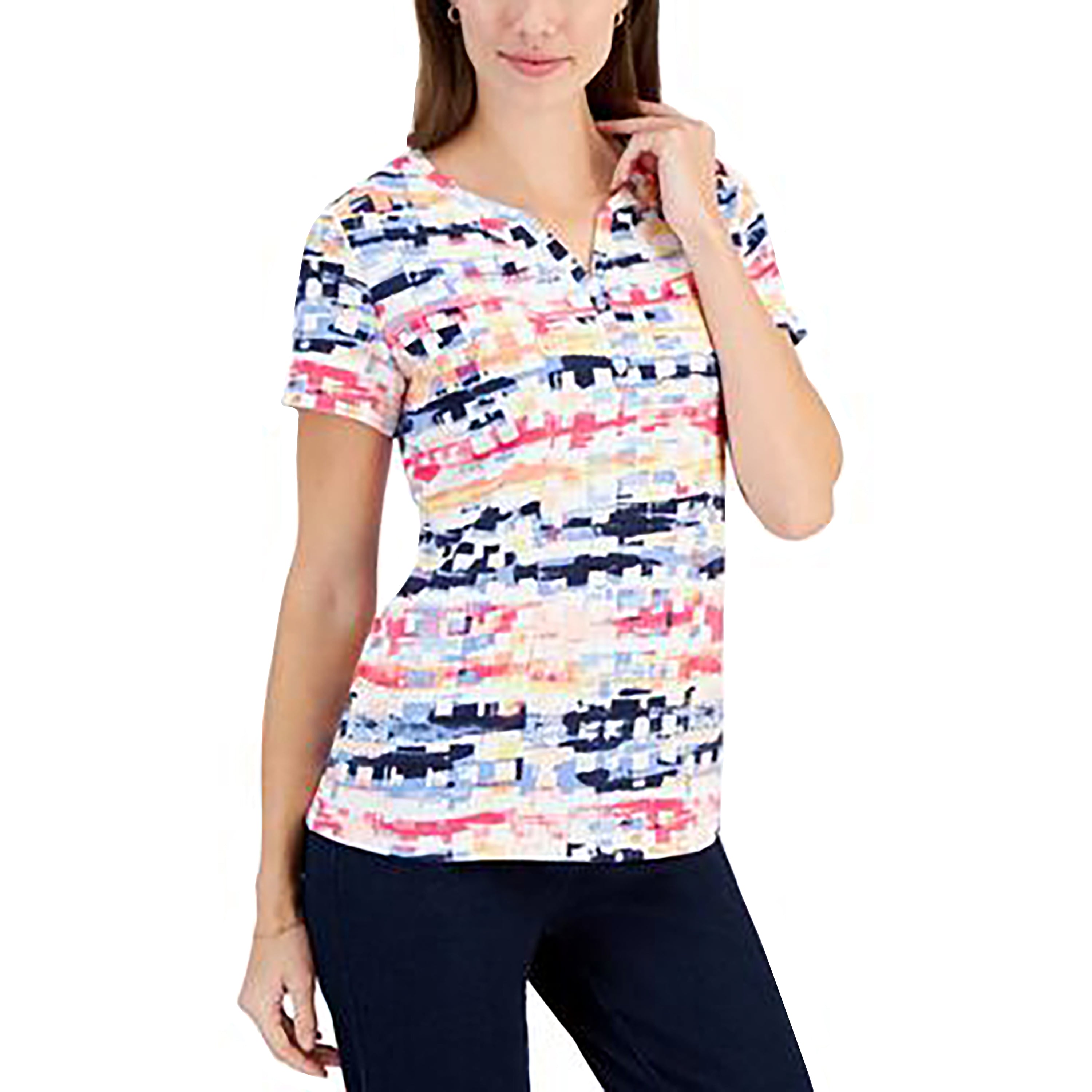 Women's Printed Short-Sleeve Henley Top