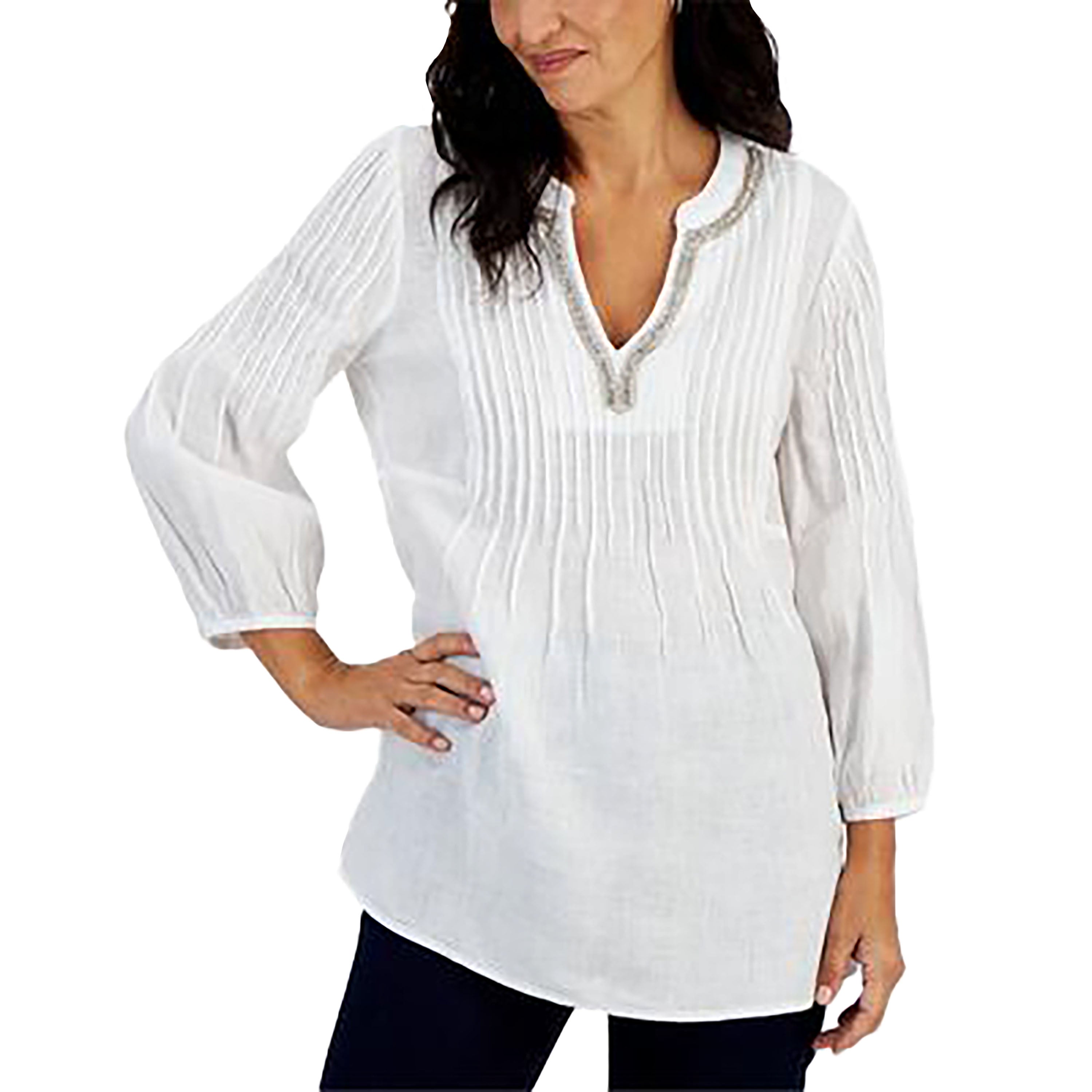 Petite 100% Linen Split-Neck Puffed 3/4-Sleeve Top