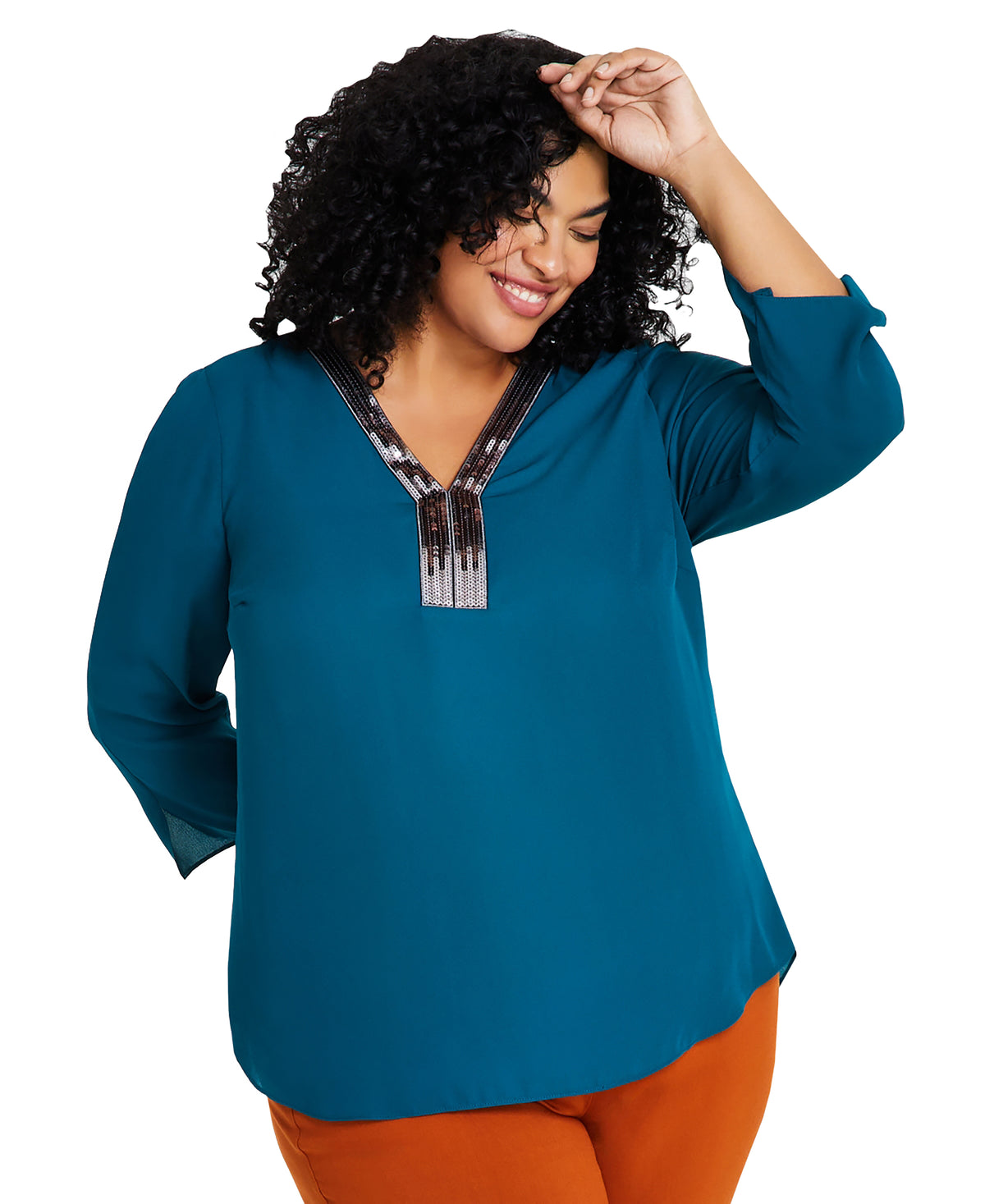 Plus Size Sequined-Neck 3/4-Sleeve Top