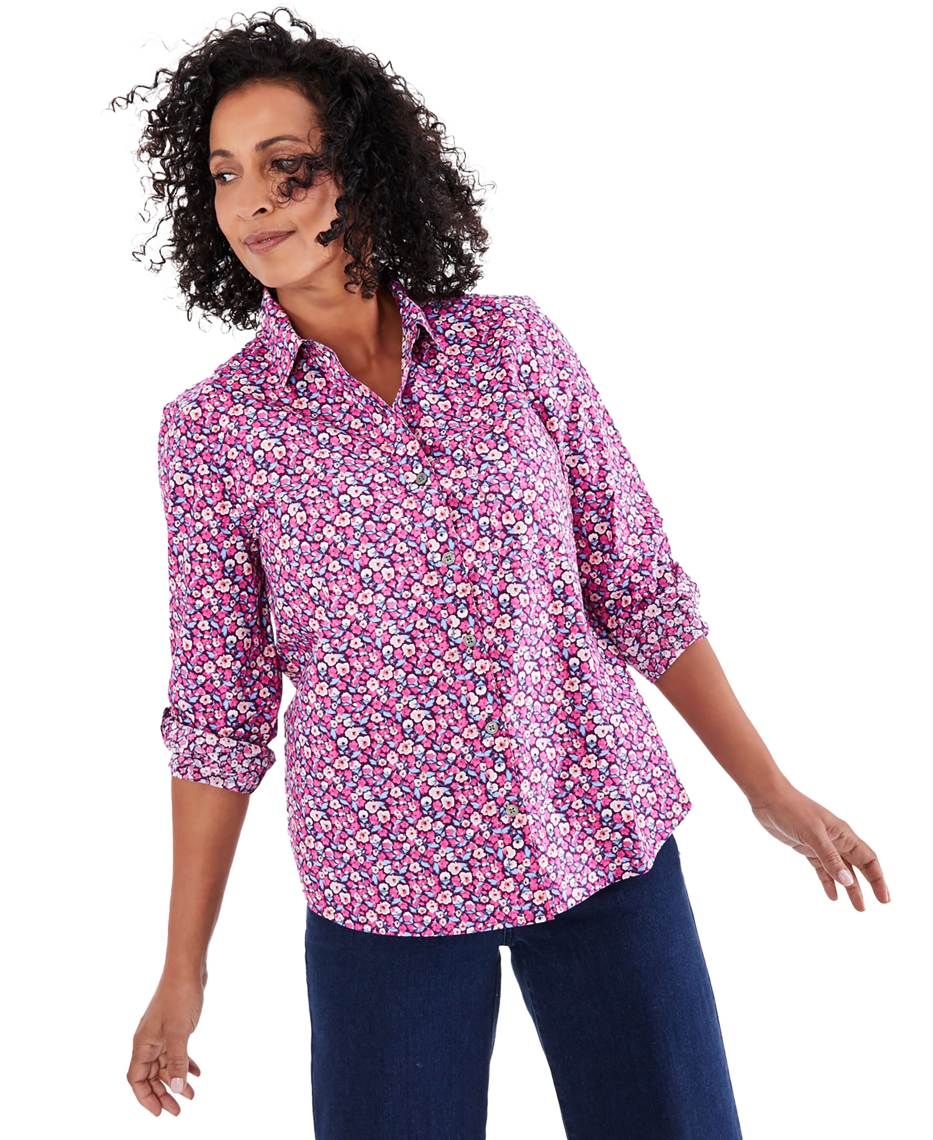 Women's Printed Cotton Button-Up Shirt Floral Violet XS