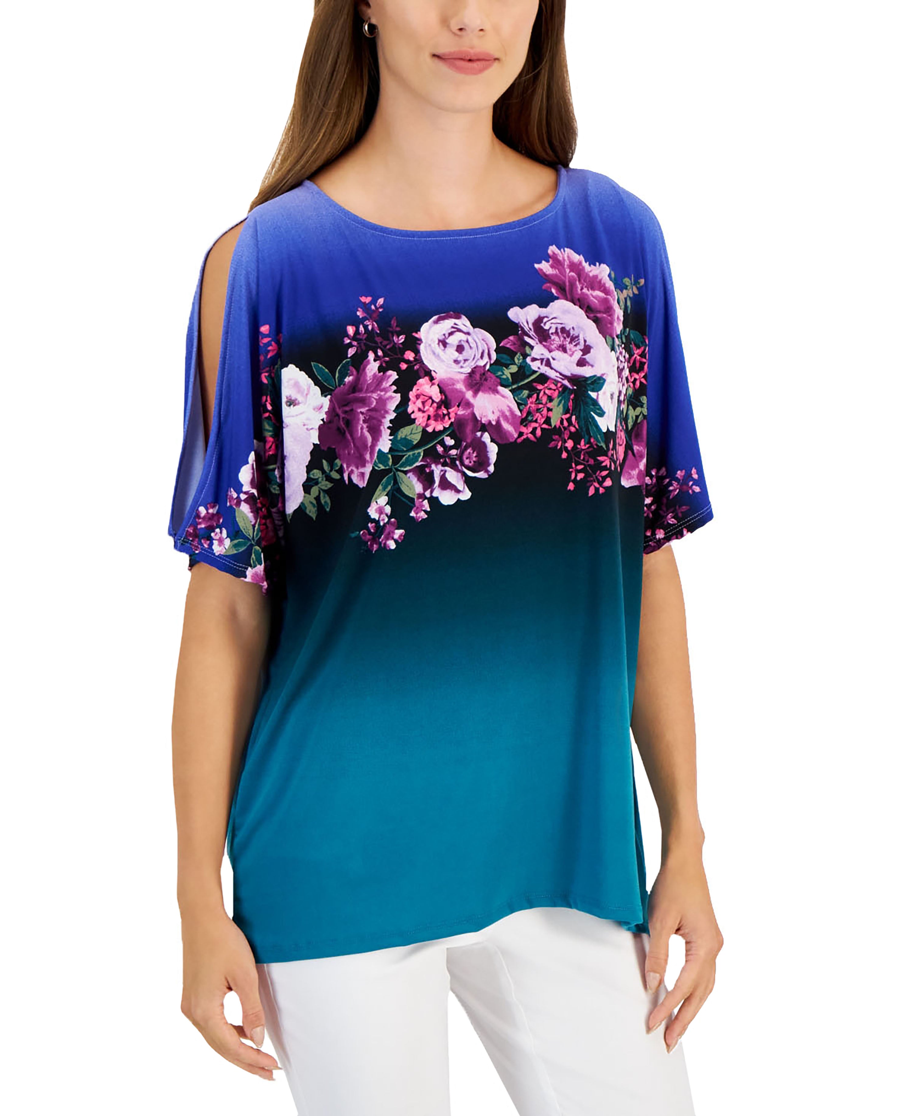Women's Floral-Print Slit-Sleeve High-Low Top Seascape Combo XXL