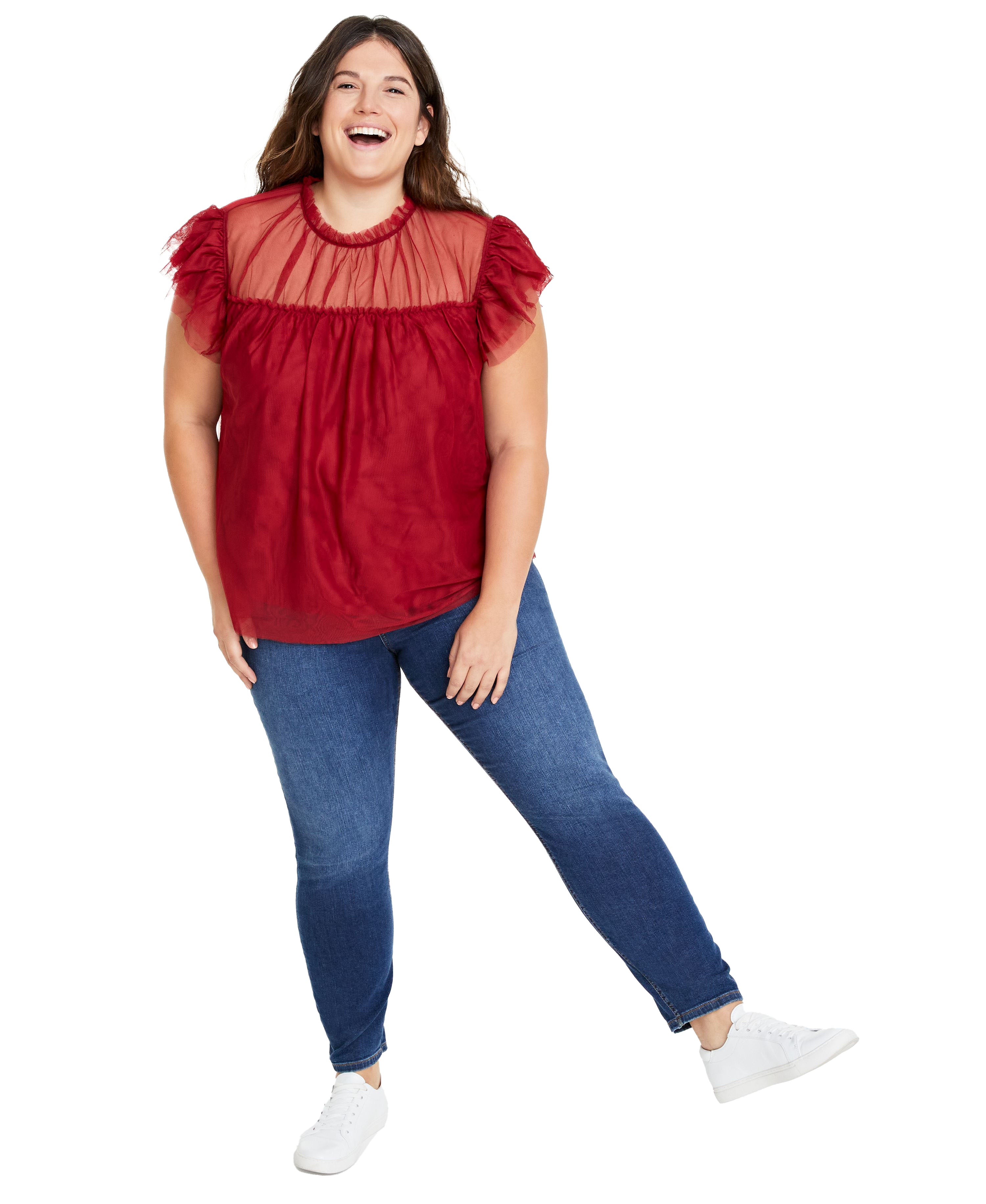 Plus Size Flutter-Sleeve Tulle Top & High-Rise Skinny Jeans