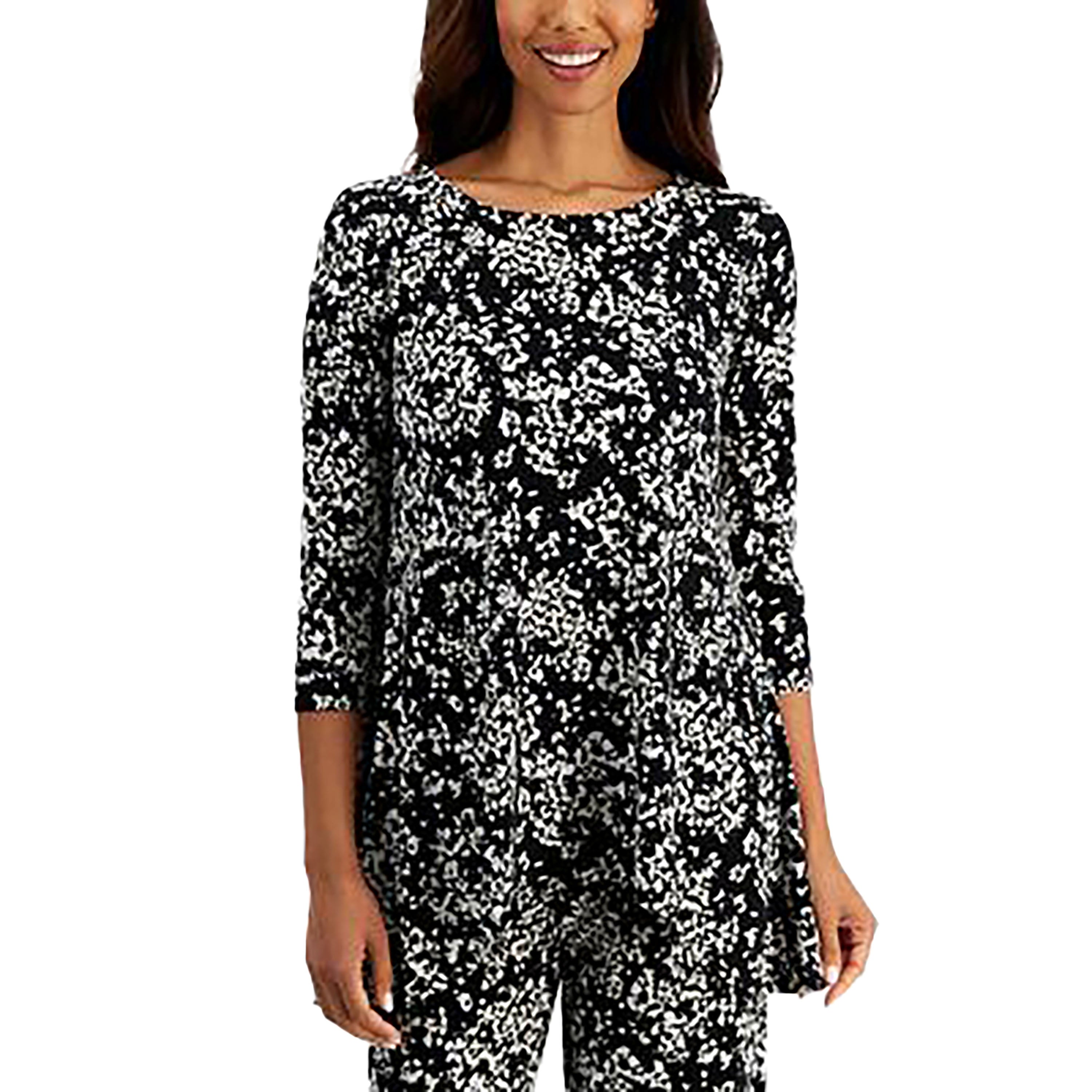 Women's 3/4 Sleeve Knit Dressing Printed Swing Top Deep Black Combo M