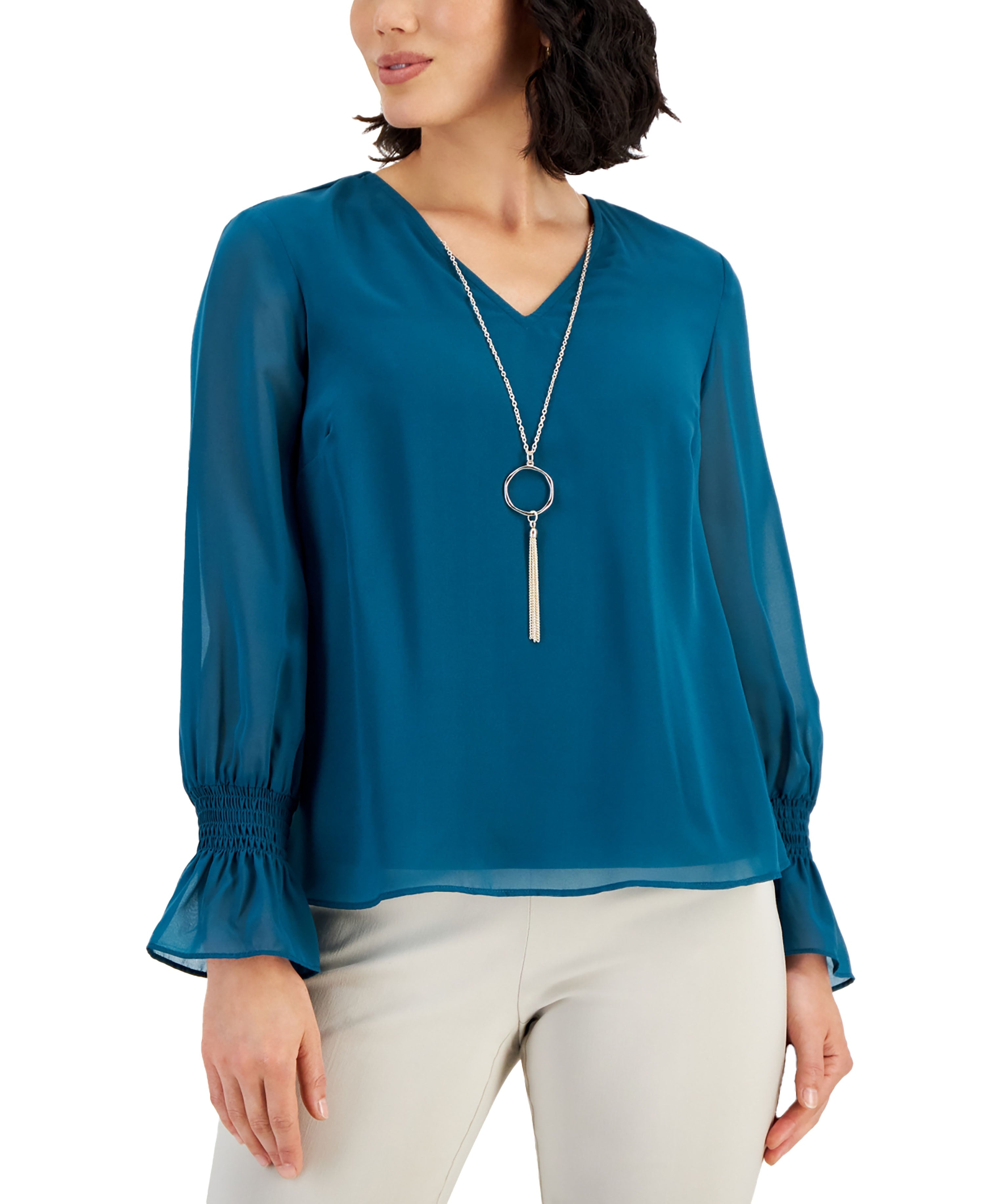 Petite Smocked-Sleeve Necklace Top Modern Blue PL