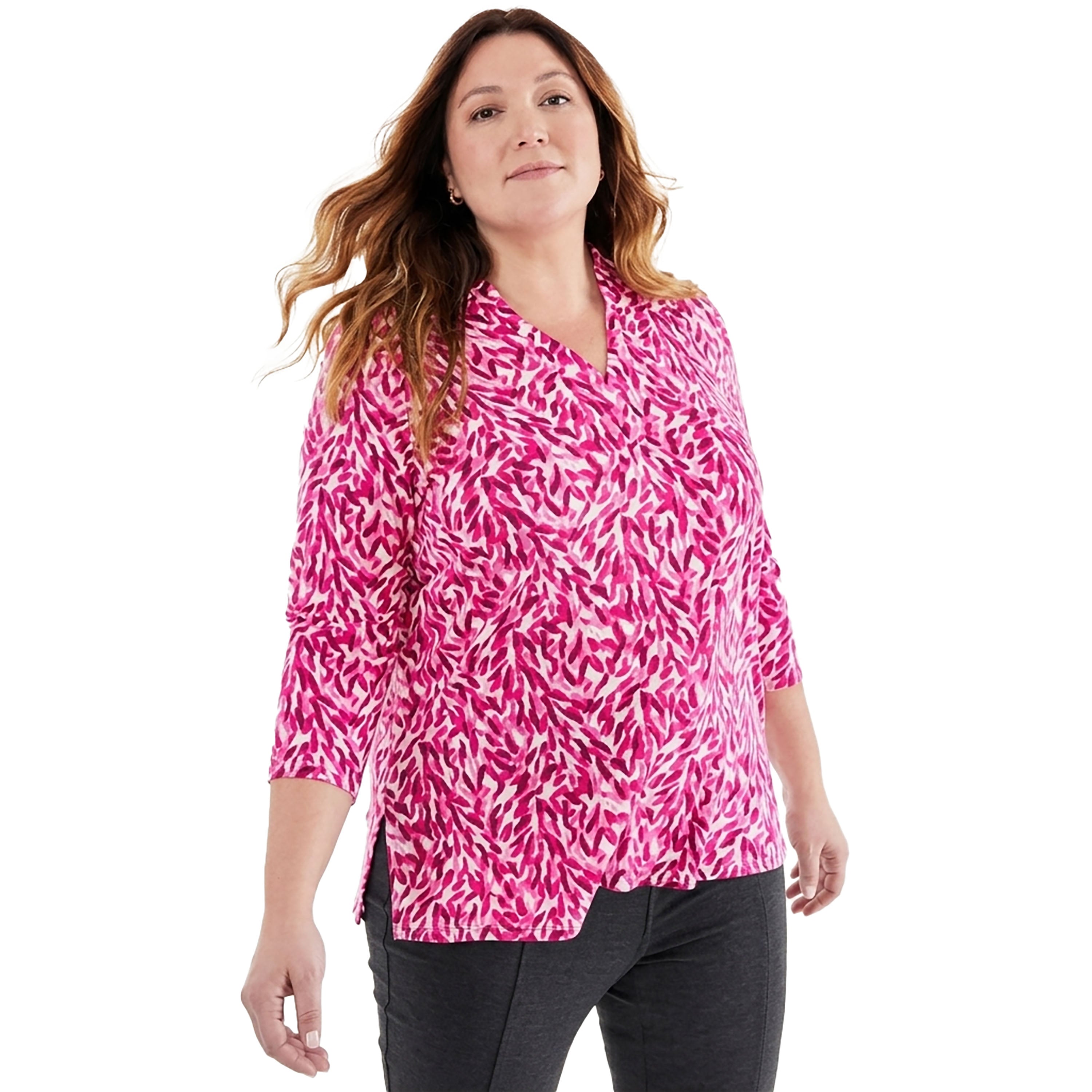 Plus Size Printed Johnny-Collar Knit Tunic Top Fern Candy Pop 3X