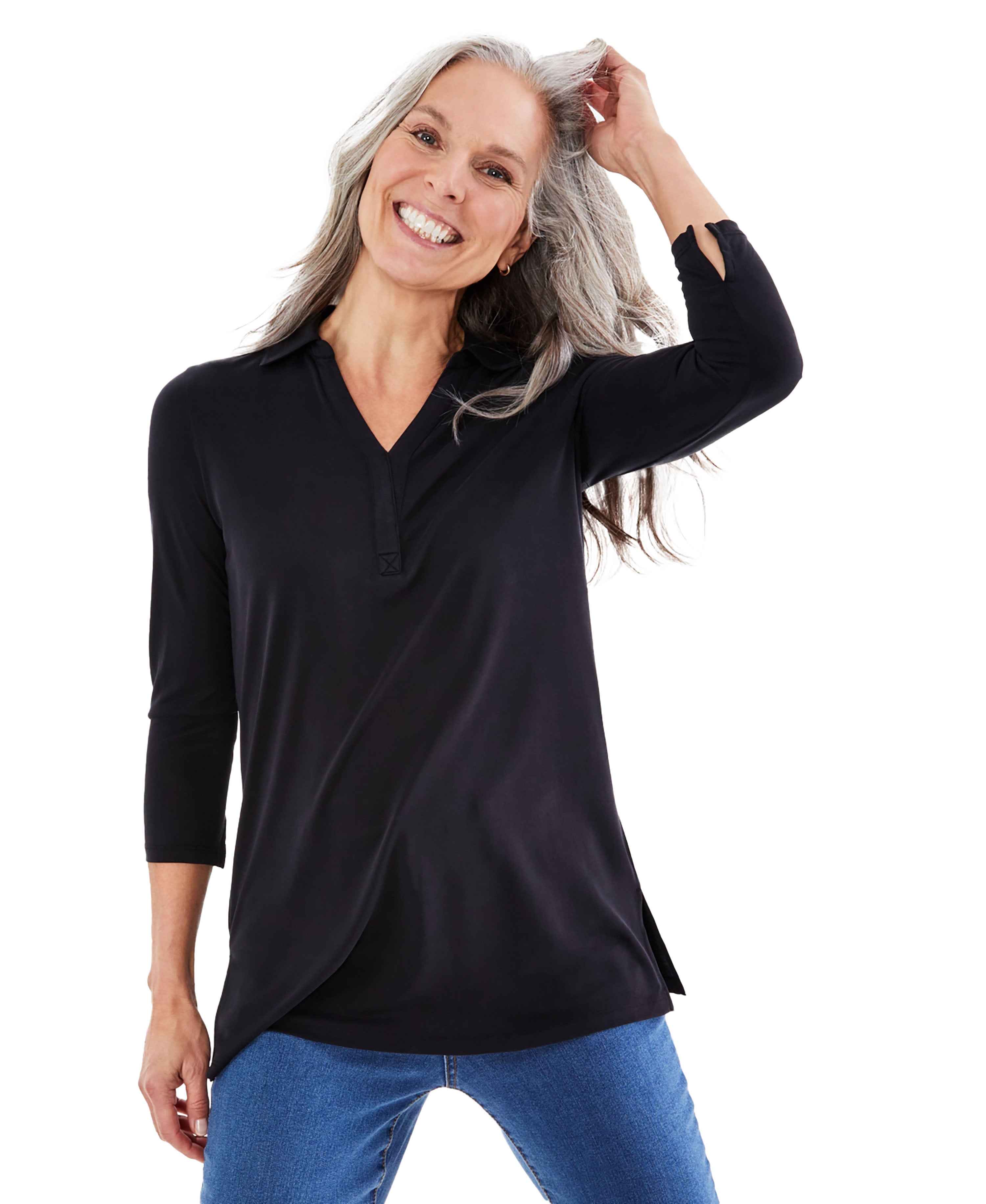 Women's 3/4 Sleeve Split-Neck Collar Knit Tunic Deep Black M