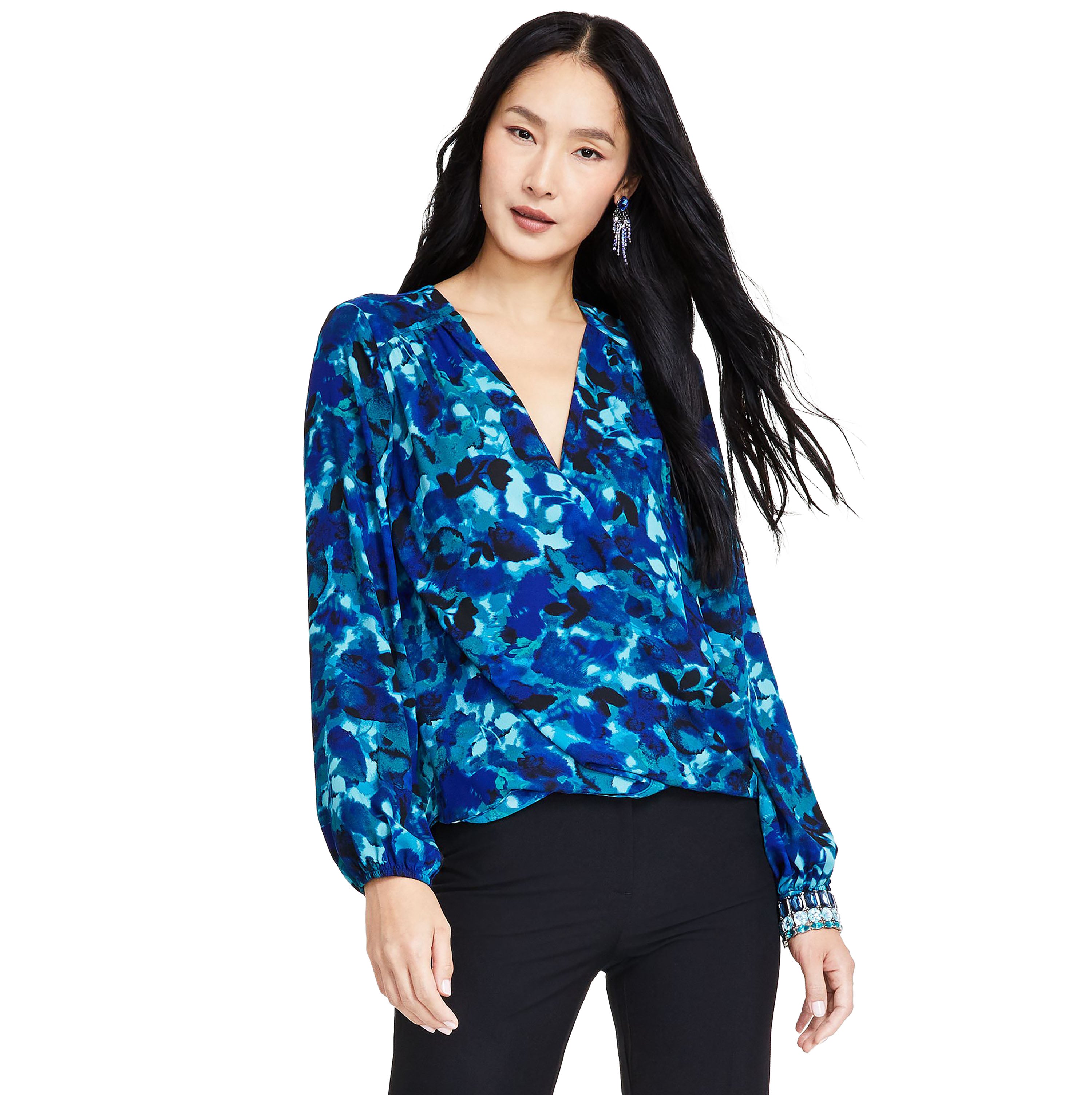 Petite Printed Surplice V-Neck Blouse,