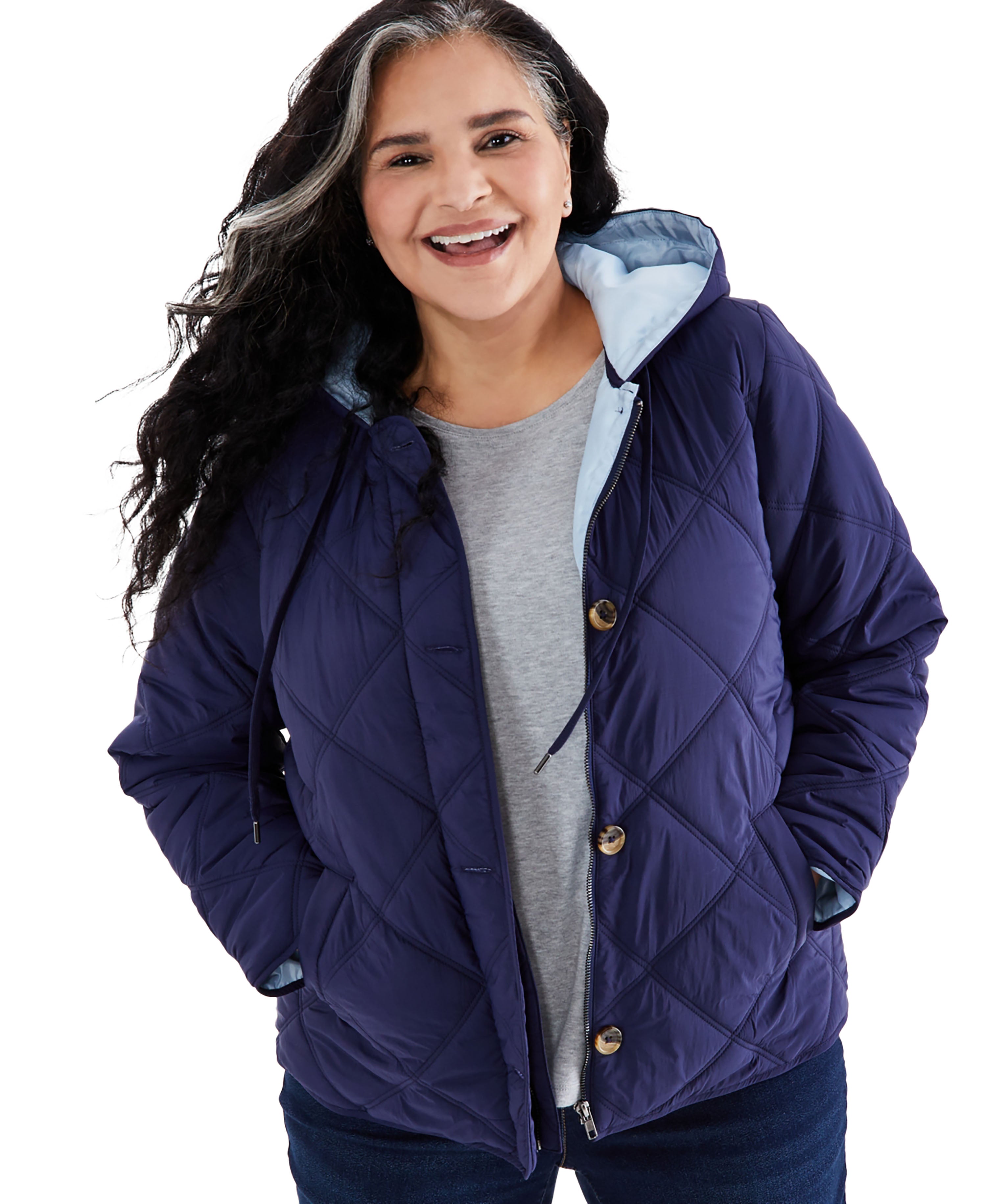 Plus Size Quilted Hooded Jacket Industrial Blue 3X