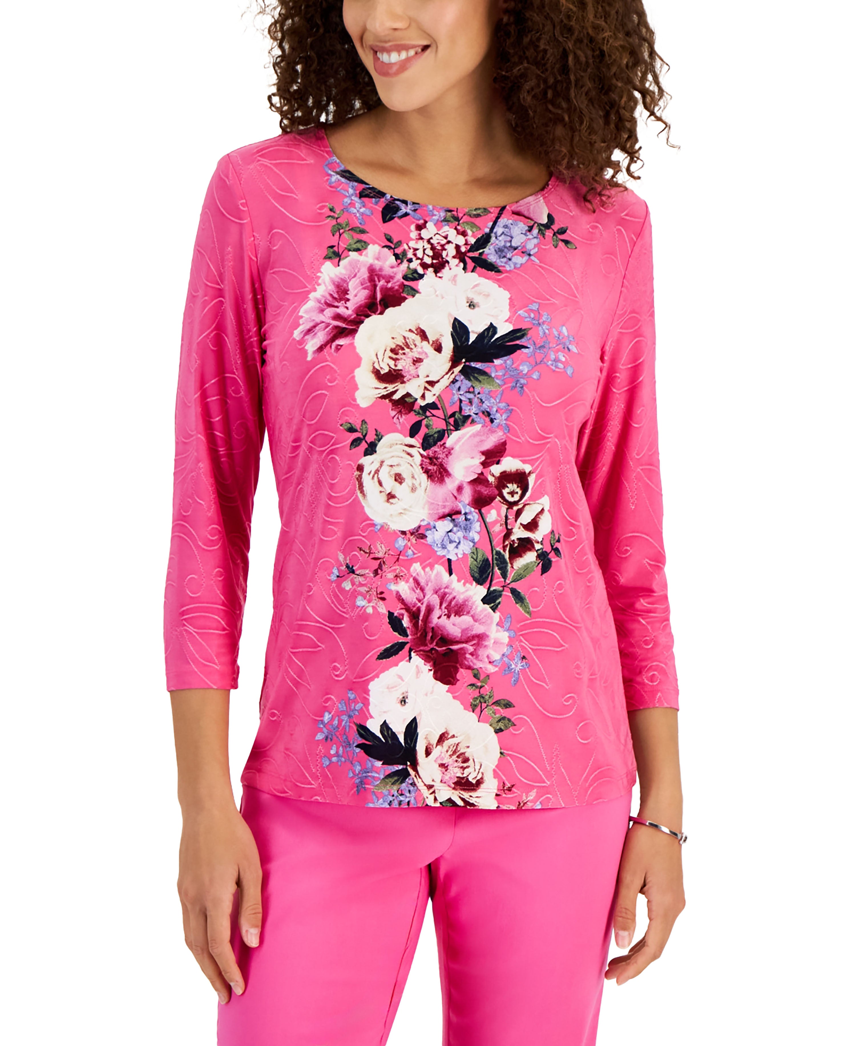 Women's Printed 3/4 Sleeve Jacquard Top Divine Berry Combo L