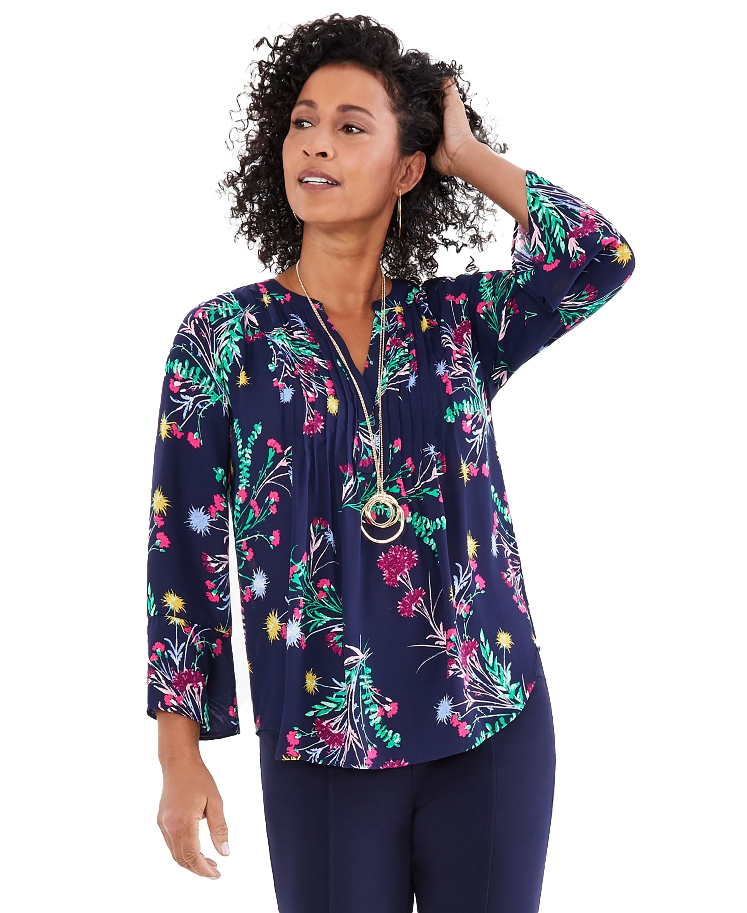 Women's Printed Pintuck Ruffle Sleeve Top, Regular & Petite Lola Flora Blue PL