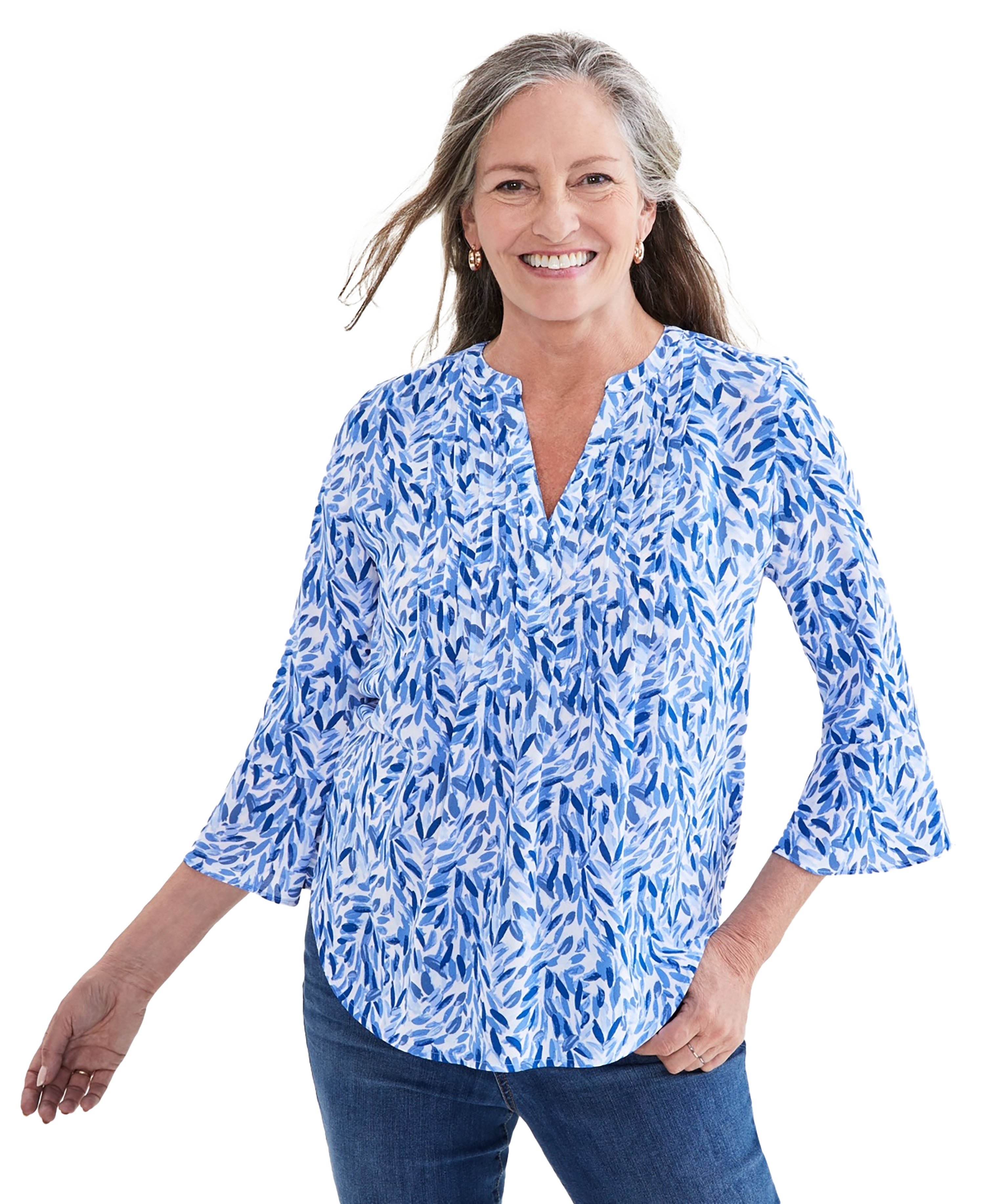Women's Printed Pintuck Ruffle Sleeve Top, Regular & Petite Periwinkle Fern PXL