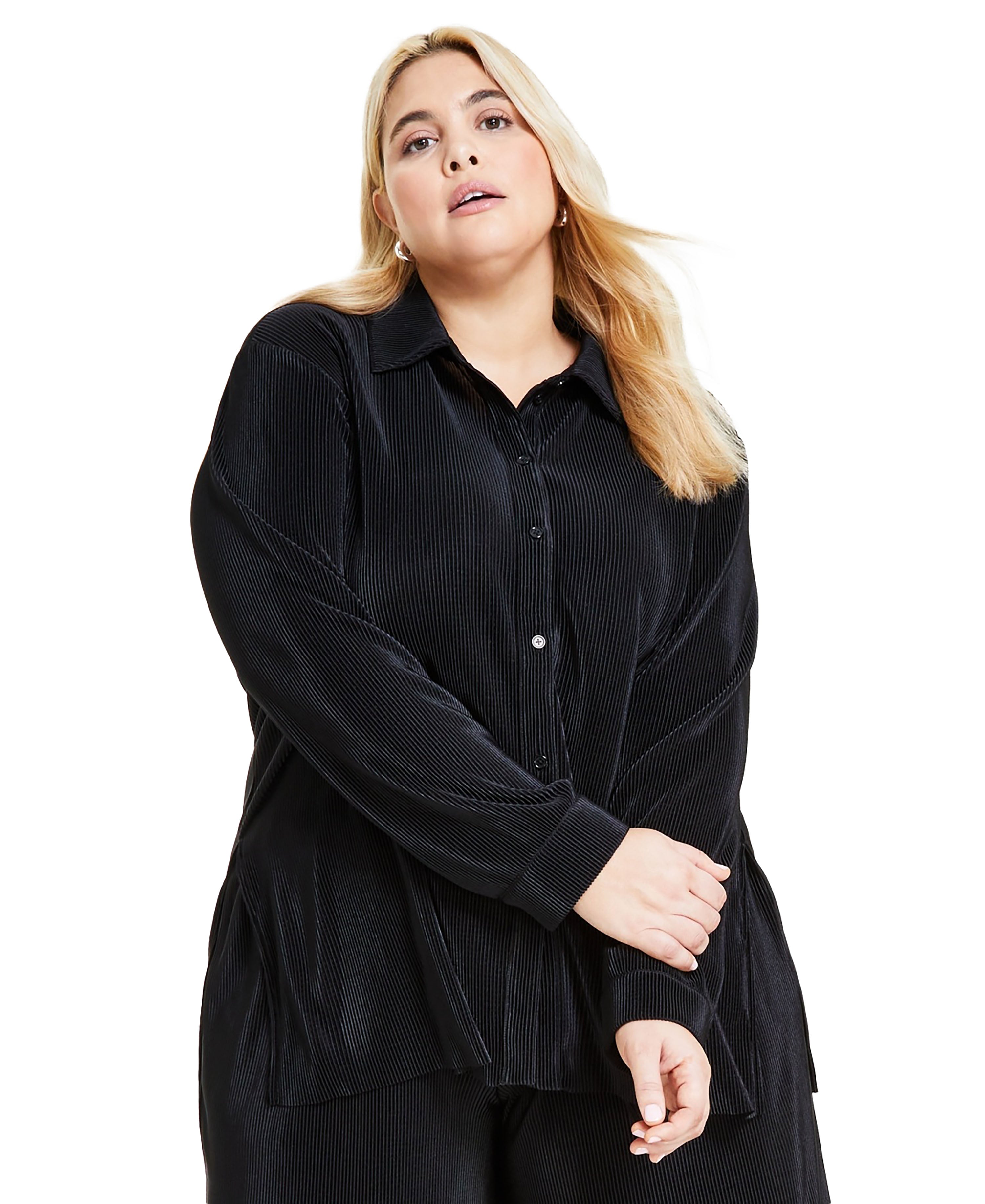 Solid-Color Plisse Long-Sleeve Button-Down Shirt Deep Black 1X
