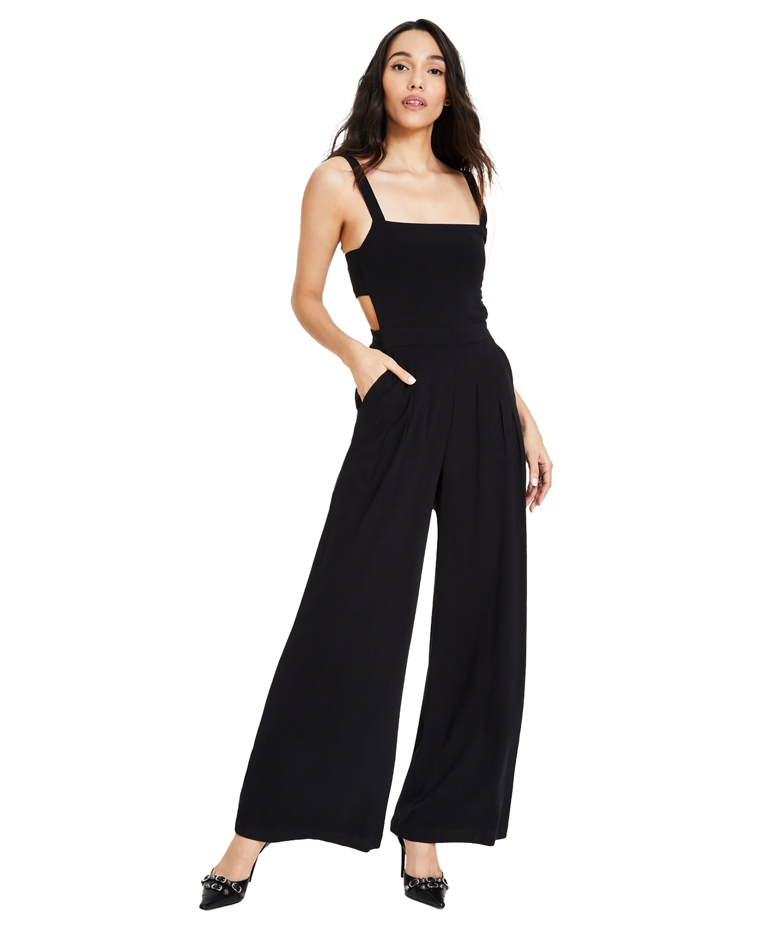 Women's Square-Neck Cutout-Side Wide-Leg Jumpsuit Deep Black XS