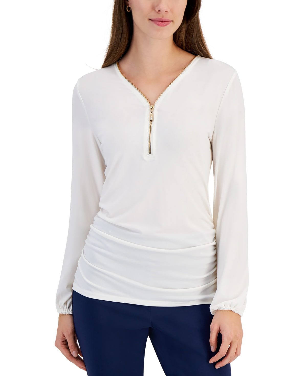 JM Collection Women's Zip V-Neck Ruched Front Top Neo Natural M