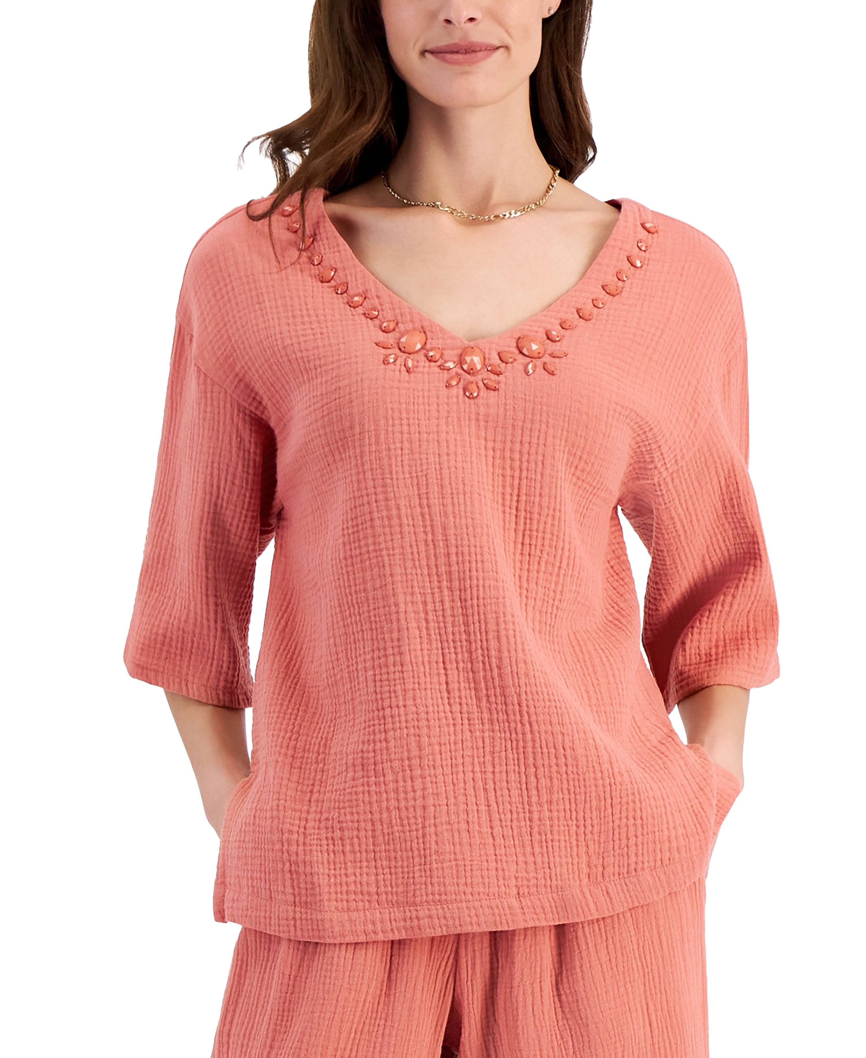 JM Collection Women's Cotton Gauze Beaded V-Neck Top Peach Bliss XL