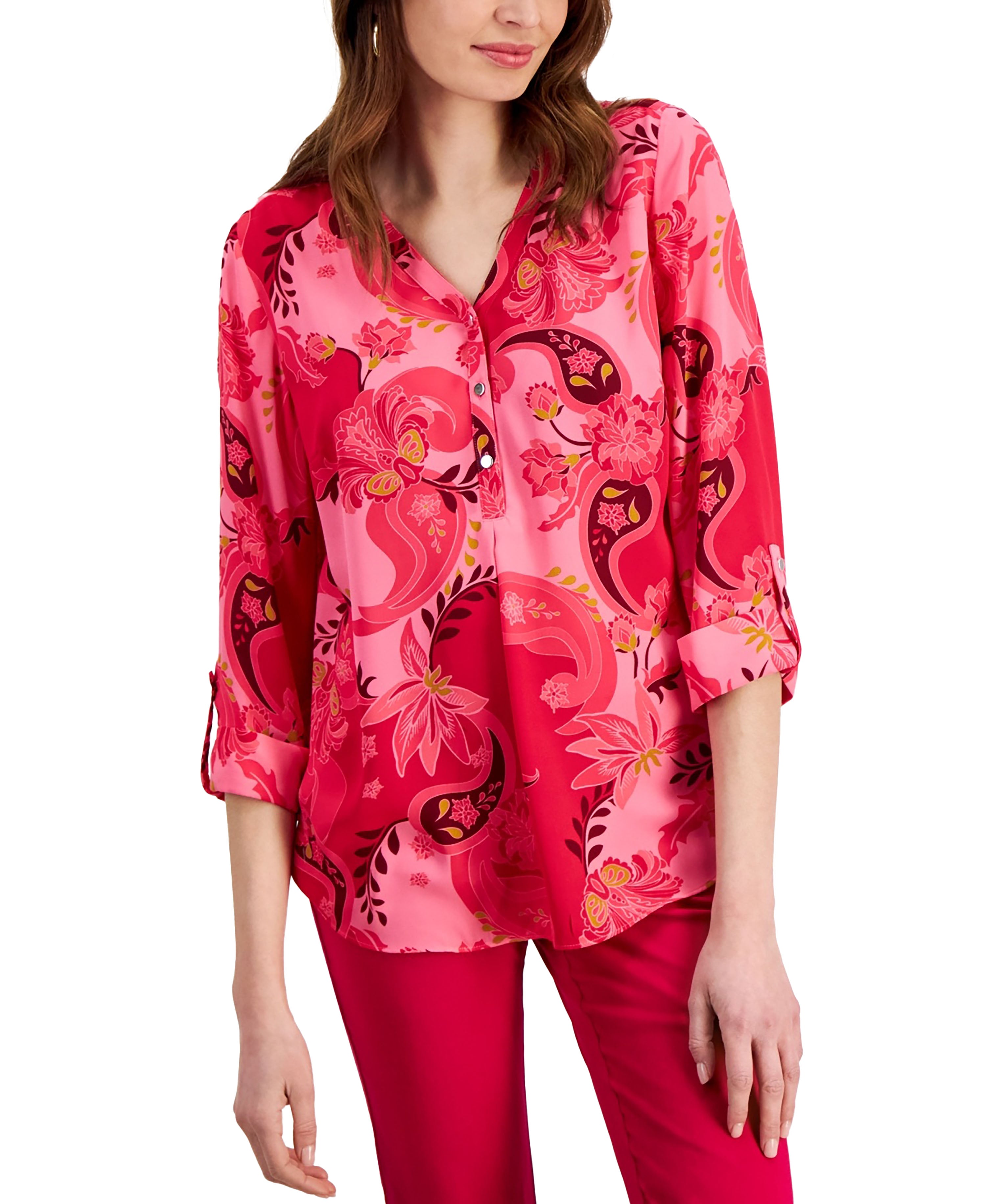 Women's Printed 3/4 Roll-Sleeve Top Claret Rose Combo XXL