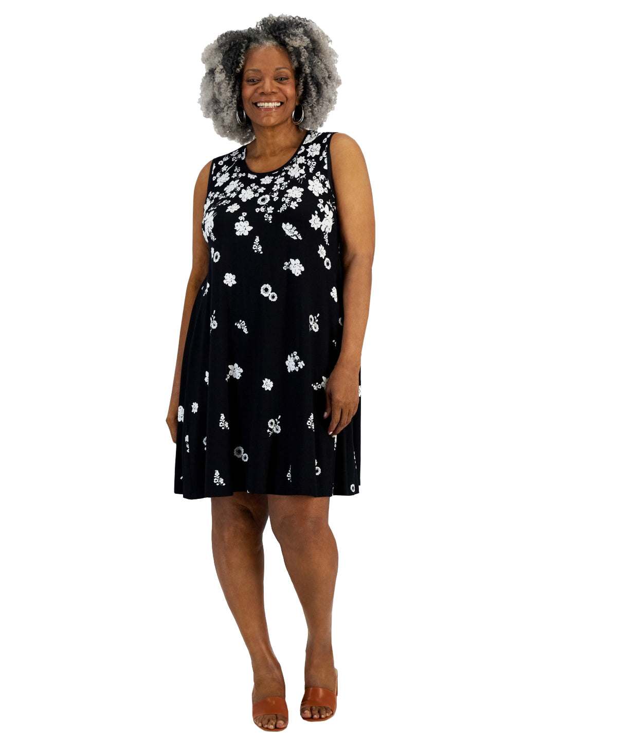 Plus Size Printed Flip-Flop Dress Raining Floral Black 1X