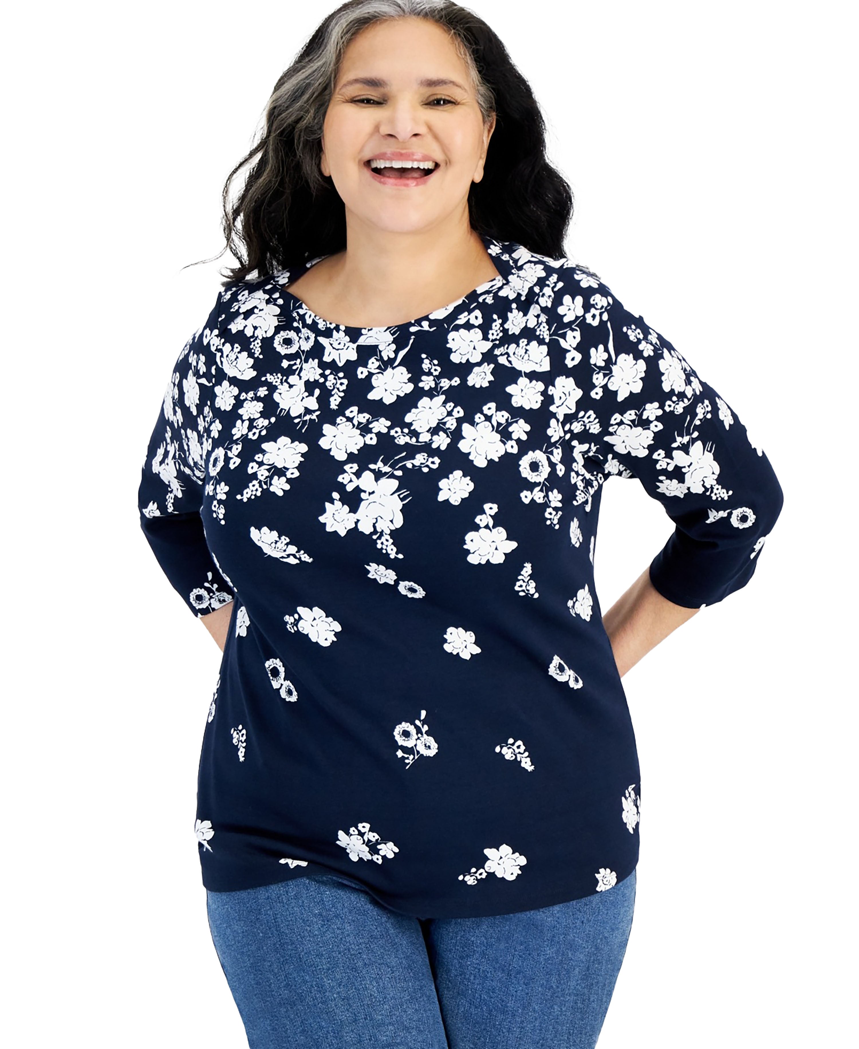 Plus Size Printed Pima Cotton 3/4-Sleeve Top Raining Industrial Blue 3X