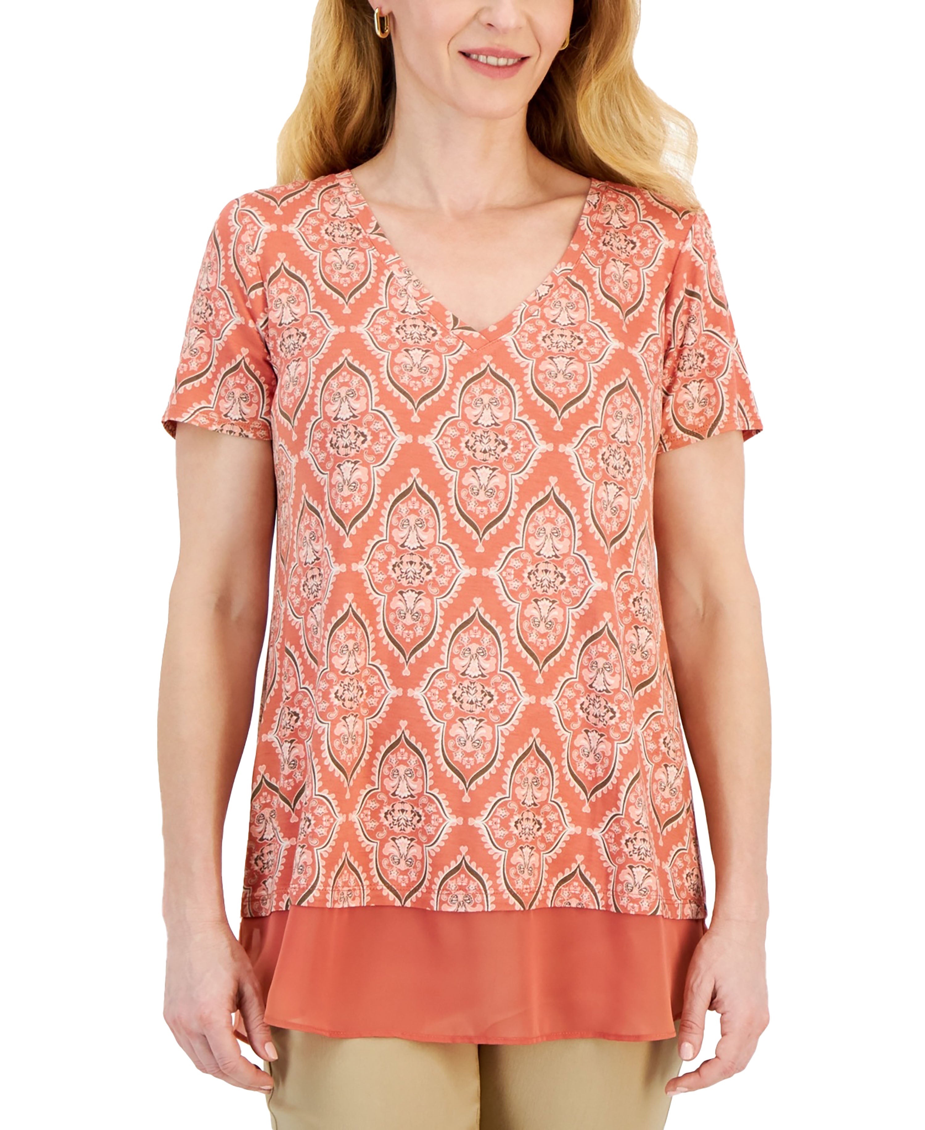 JM Collection Women's Printed Short Sleeve V-Neck Twofer Top Peach Bliss Combo S