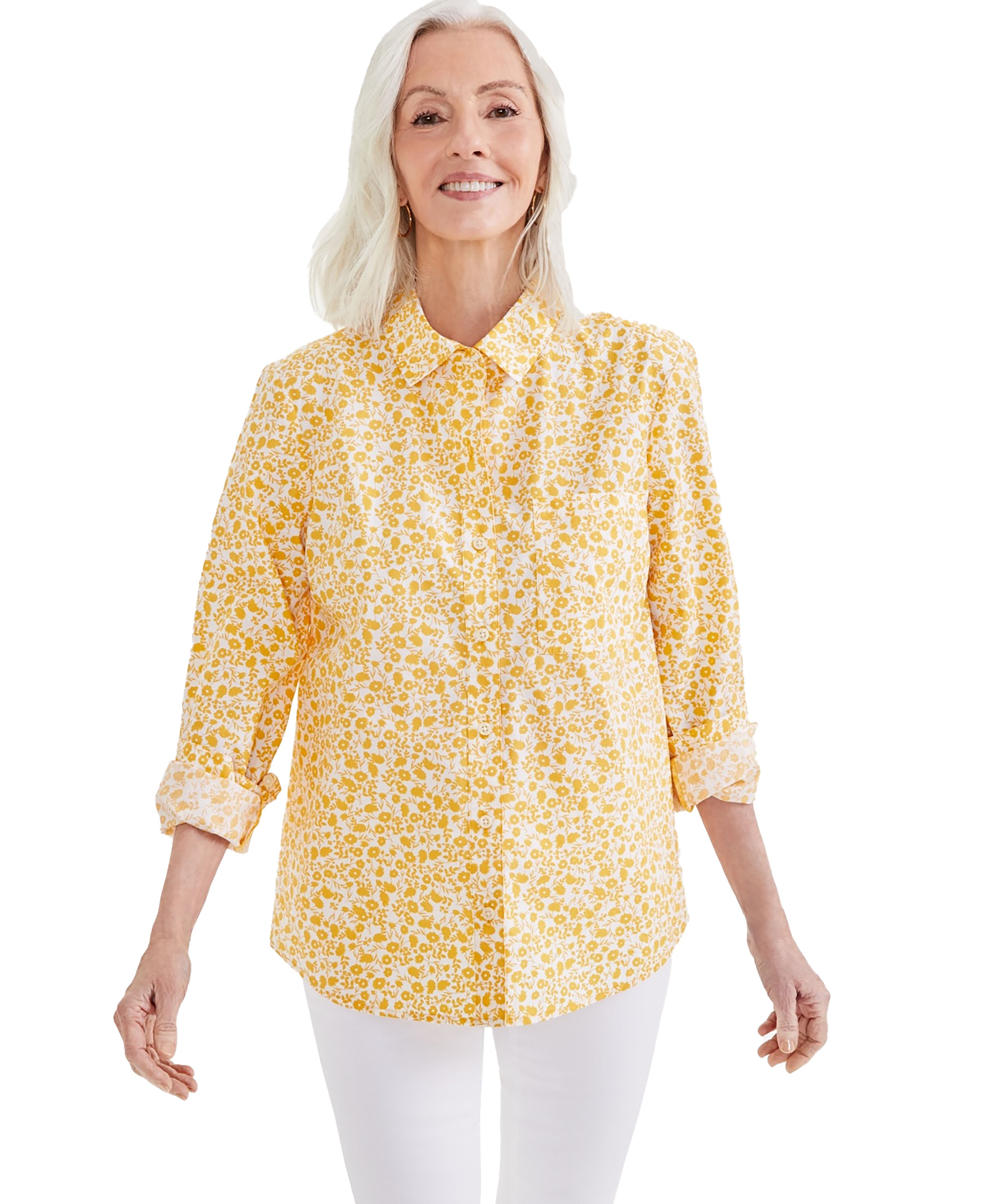 Women's Cotton Poplin Printed Button Shirt Garden Yellow L