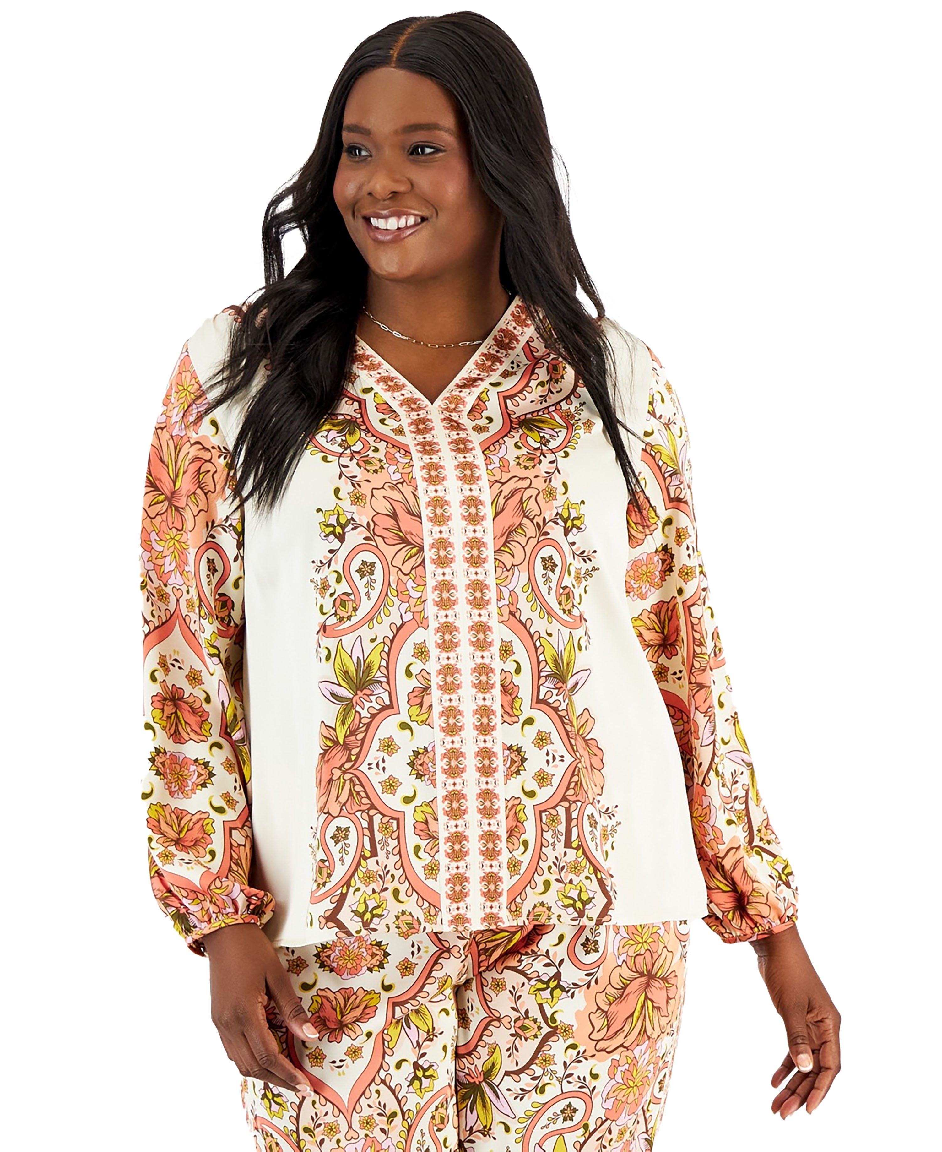 Plus Size Satin V-Neck Top Sandshell Combo 2X