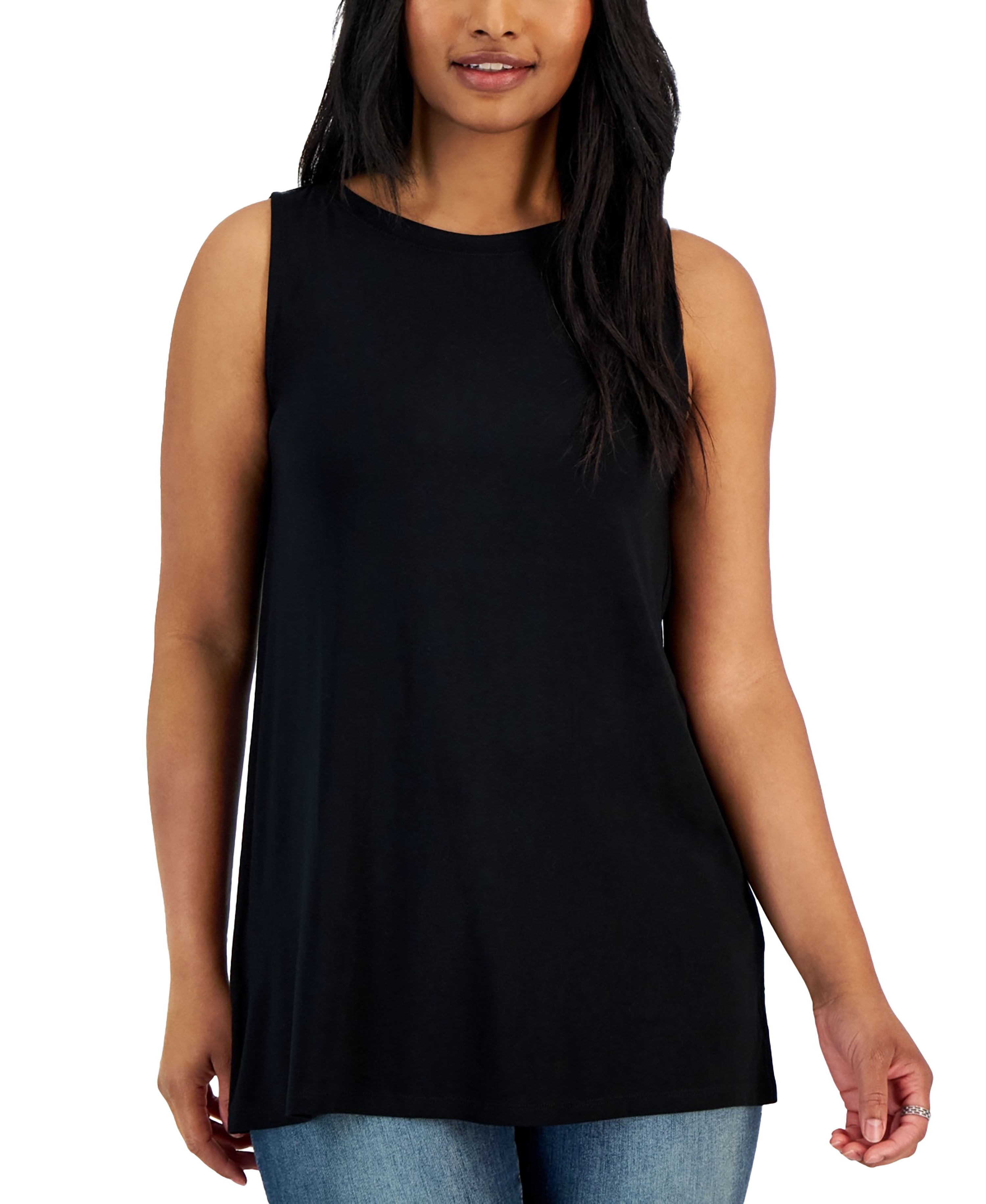Petite Boat-Neck Layering Sleeveless Tank Top Deep Black PP
