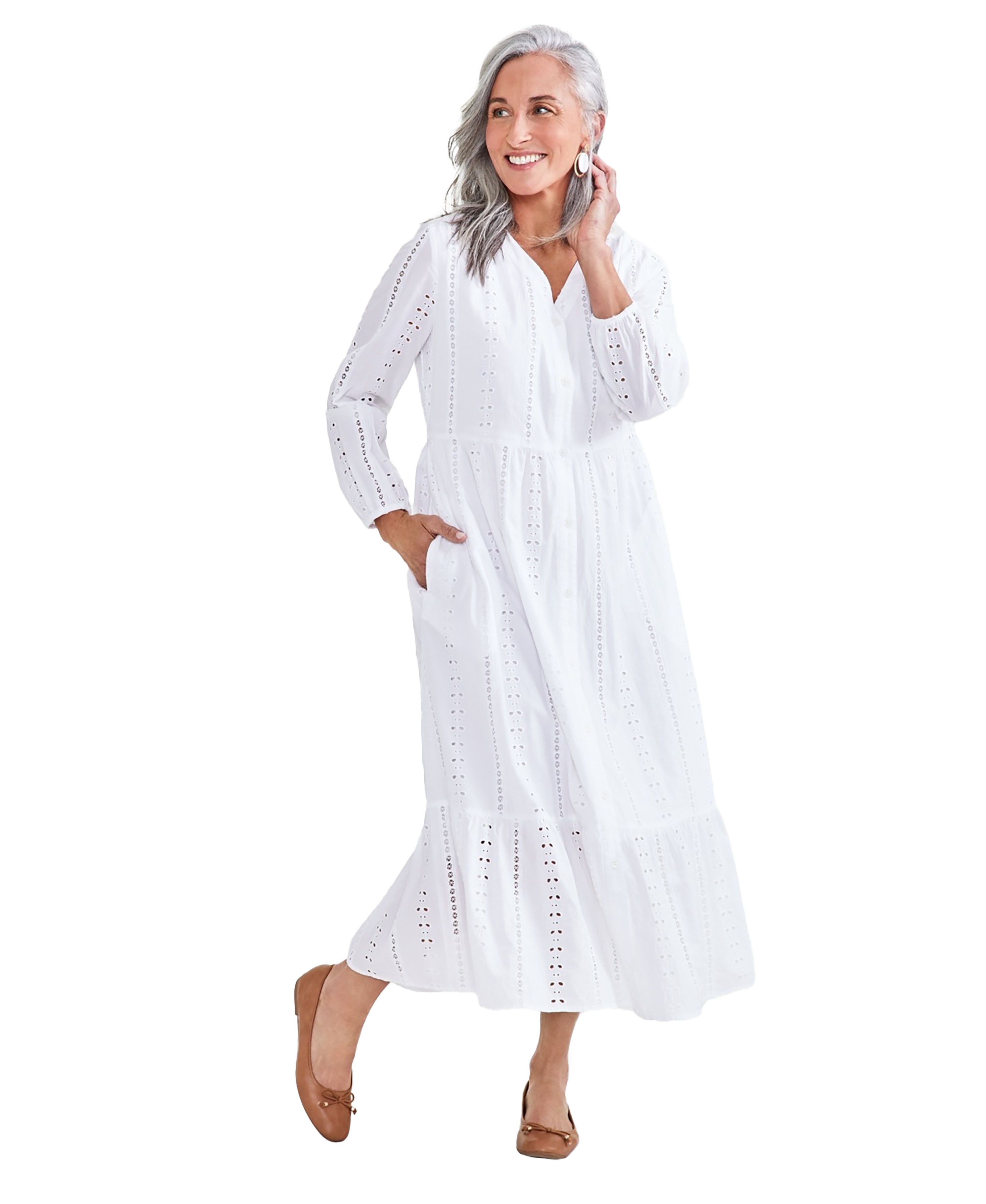 Petite Cotton Tiered Eyelet Midi Dress Bright White PP
