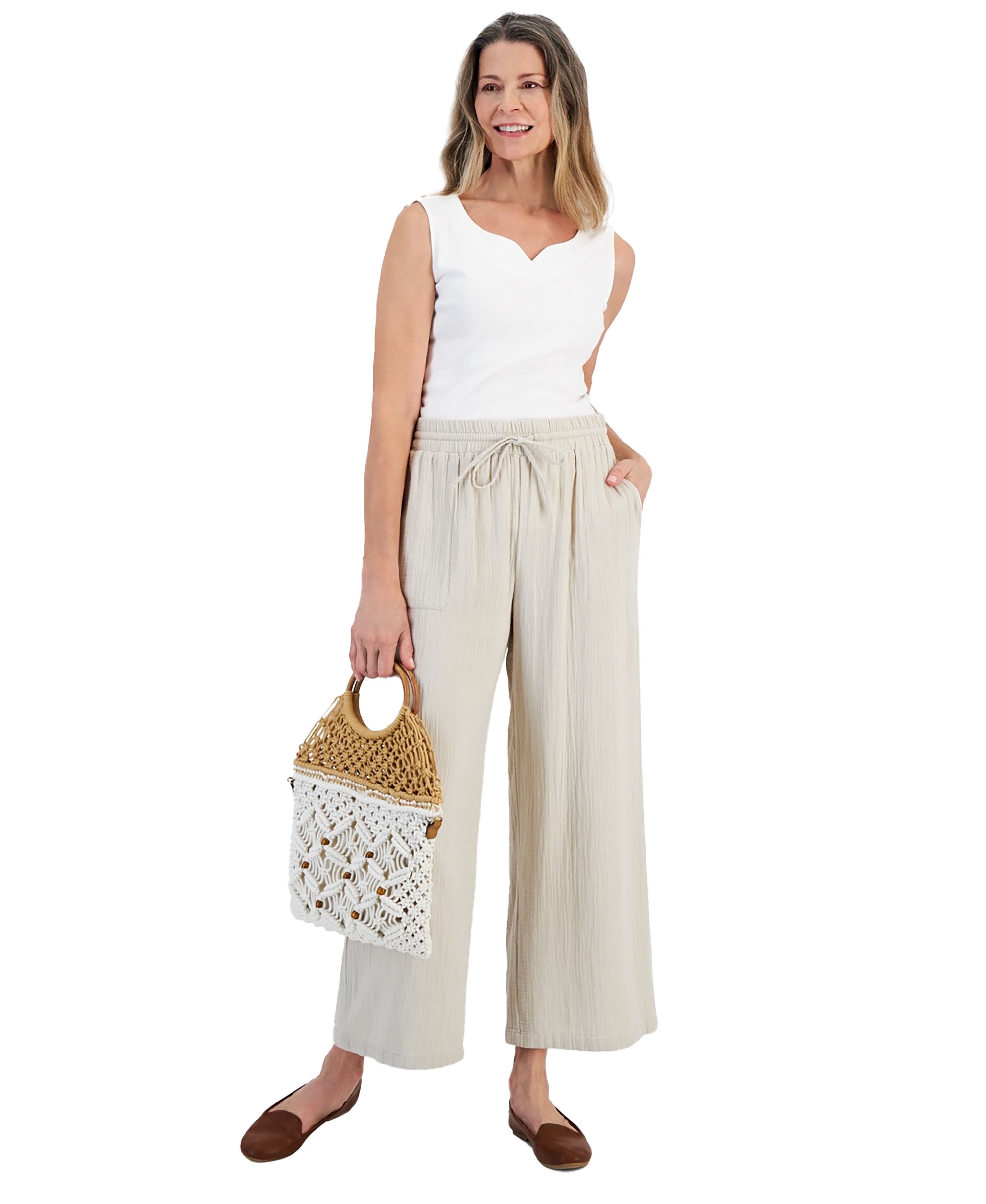 Petite Gauze Wide-Leg Pull-On Pants Stone Wall PM