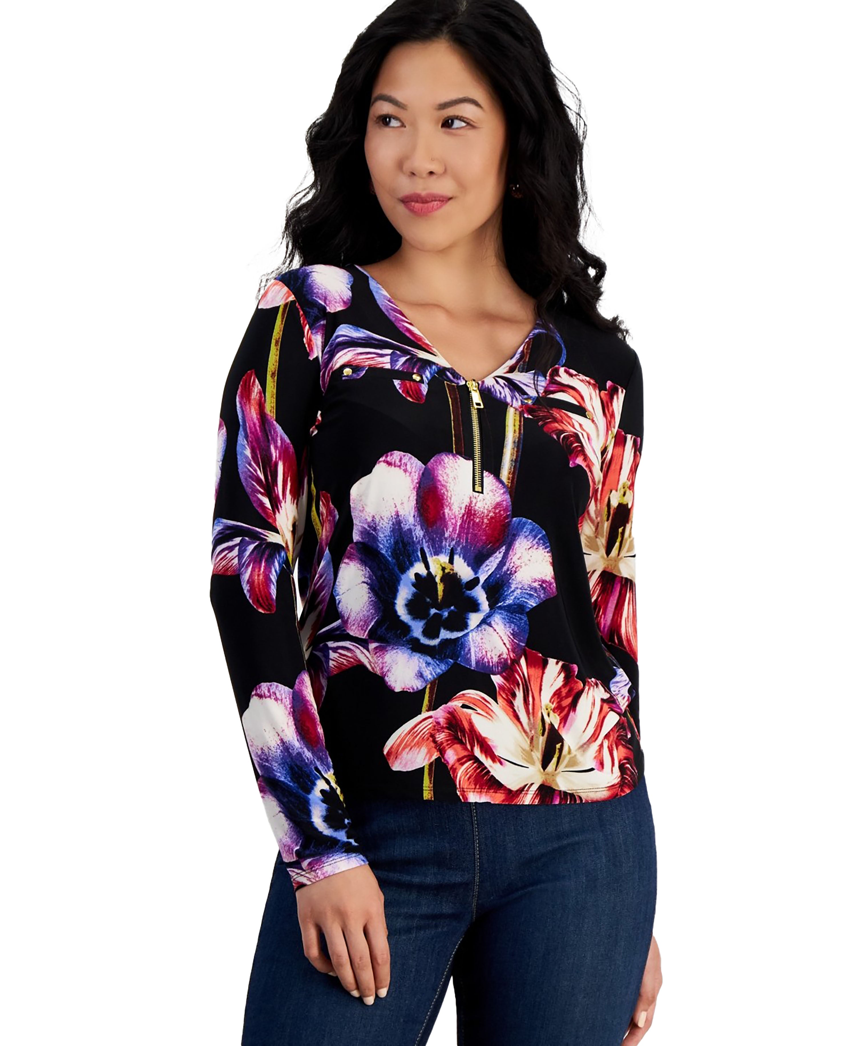 Petite Floral-Print Zip-Front Blouse Natalie Combo PL