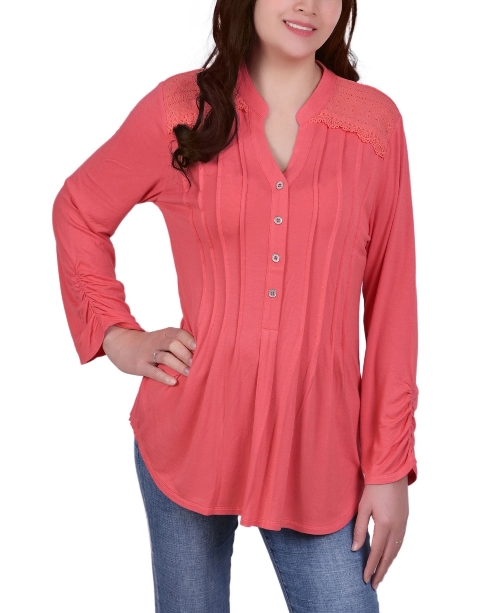 Petite Y Neck With Rounded Hem Long Sleeve Pleat Front Top