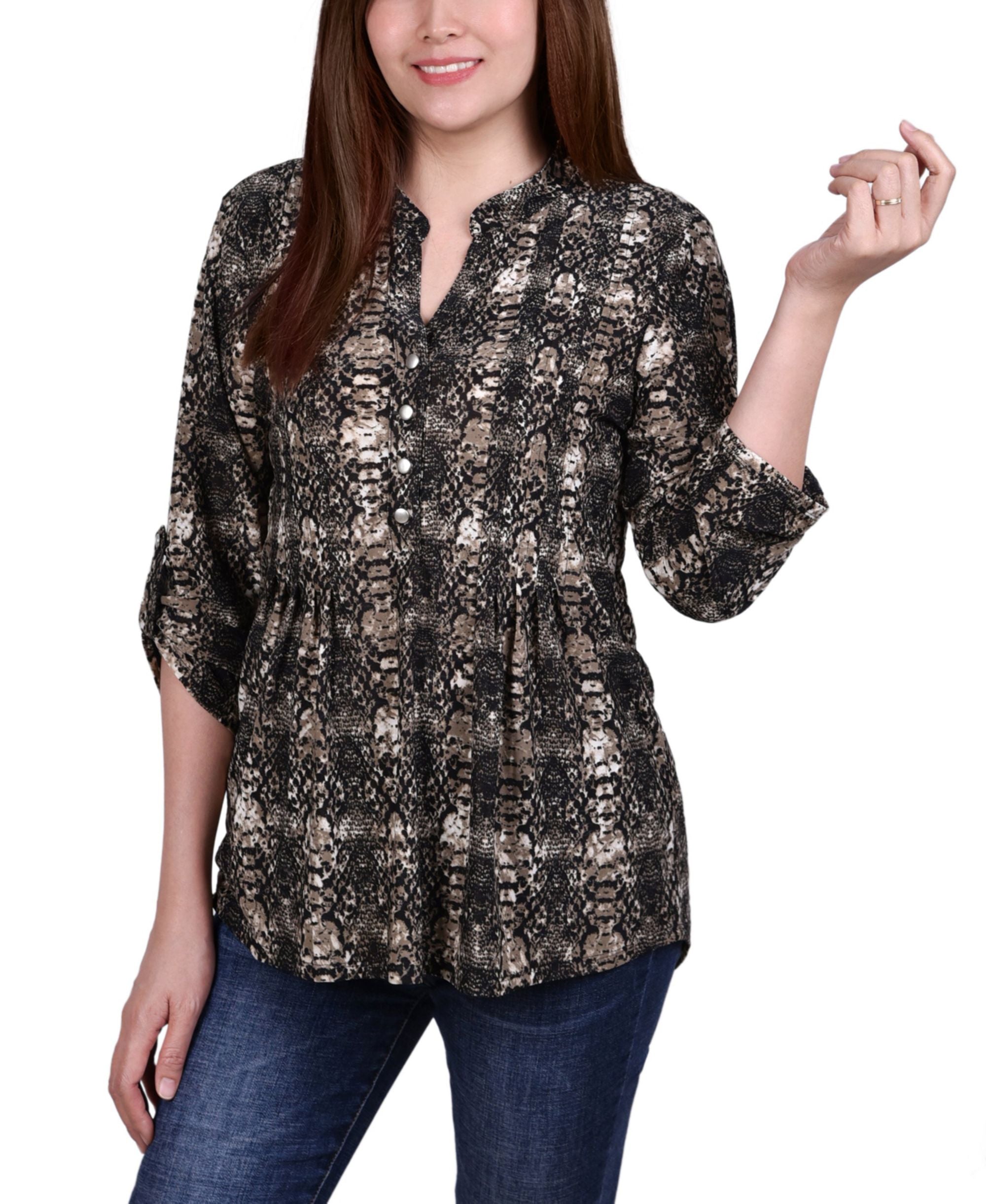 Petite 3/4 Roll Tab Sleeve Y Neck Top