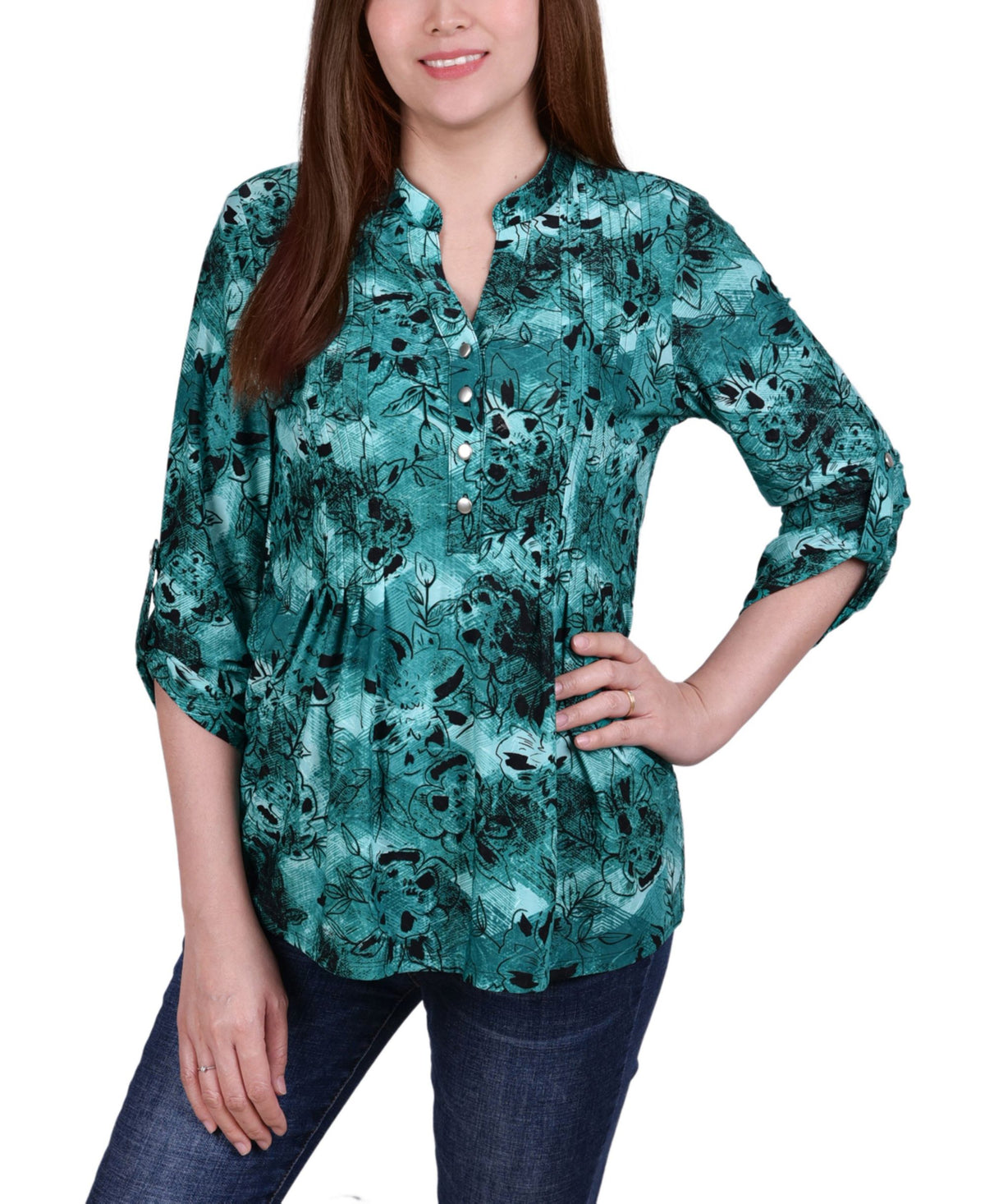 Petite 3/4 Roll Tab Sleeve Y Neck Top