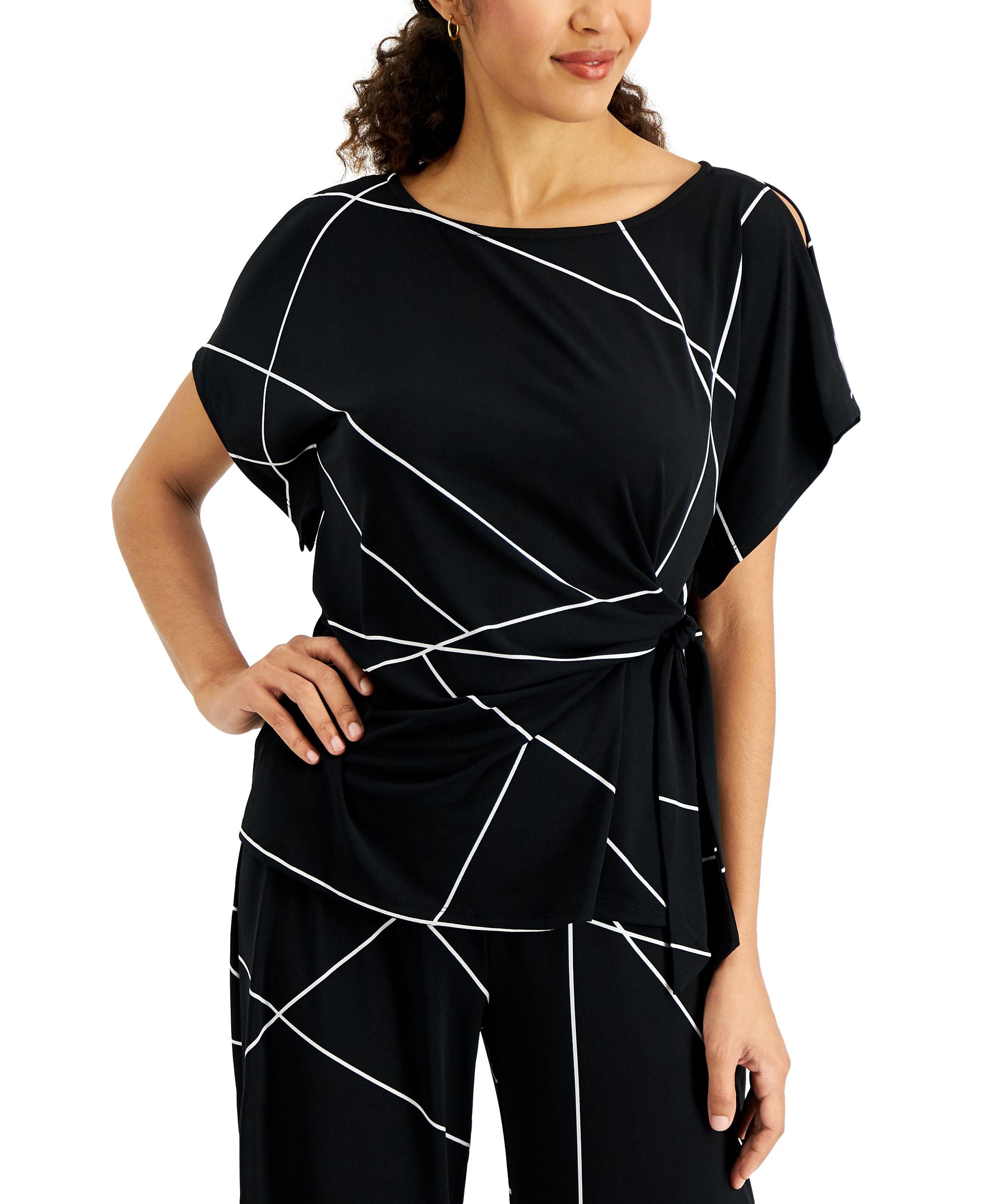 JM Collection Printed Tie Waist Top