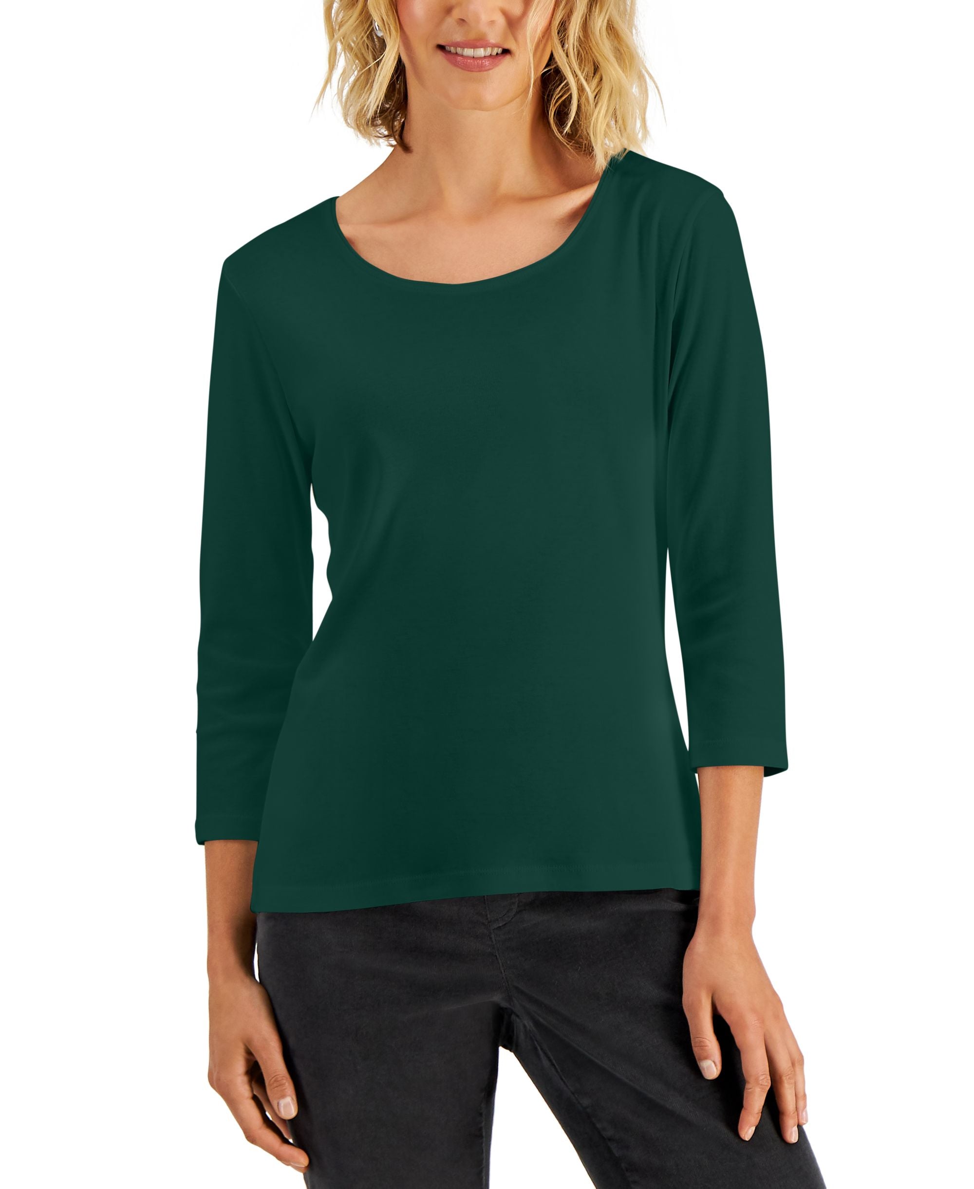 Petite 3/4 Sleeve Cotton Scoop-Neck Top