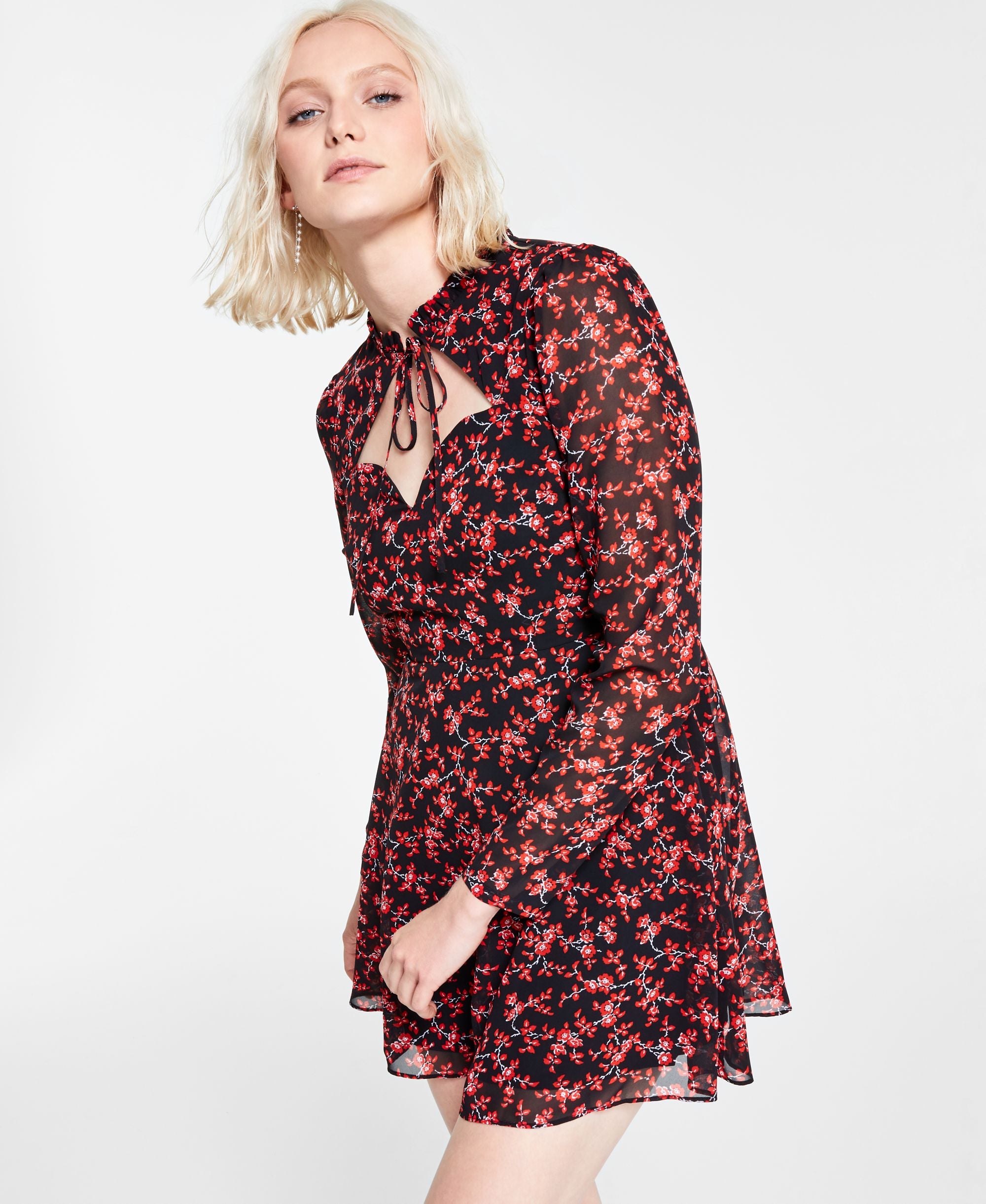 Bar III Floral Print Tie Neck Mini Dress