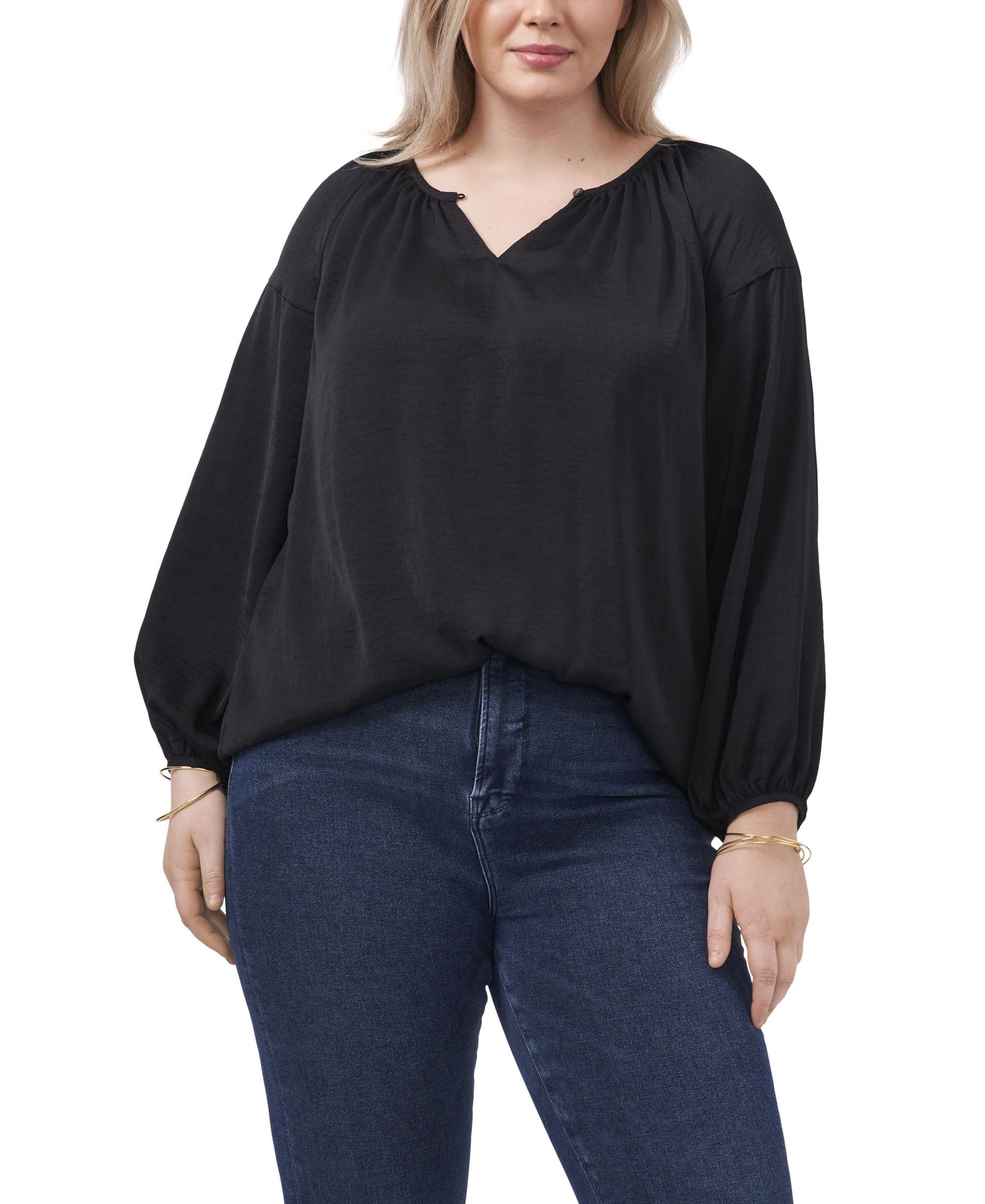 Plus Size Long Sleeve Front Rumple Peasant Blouse