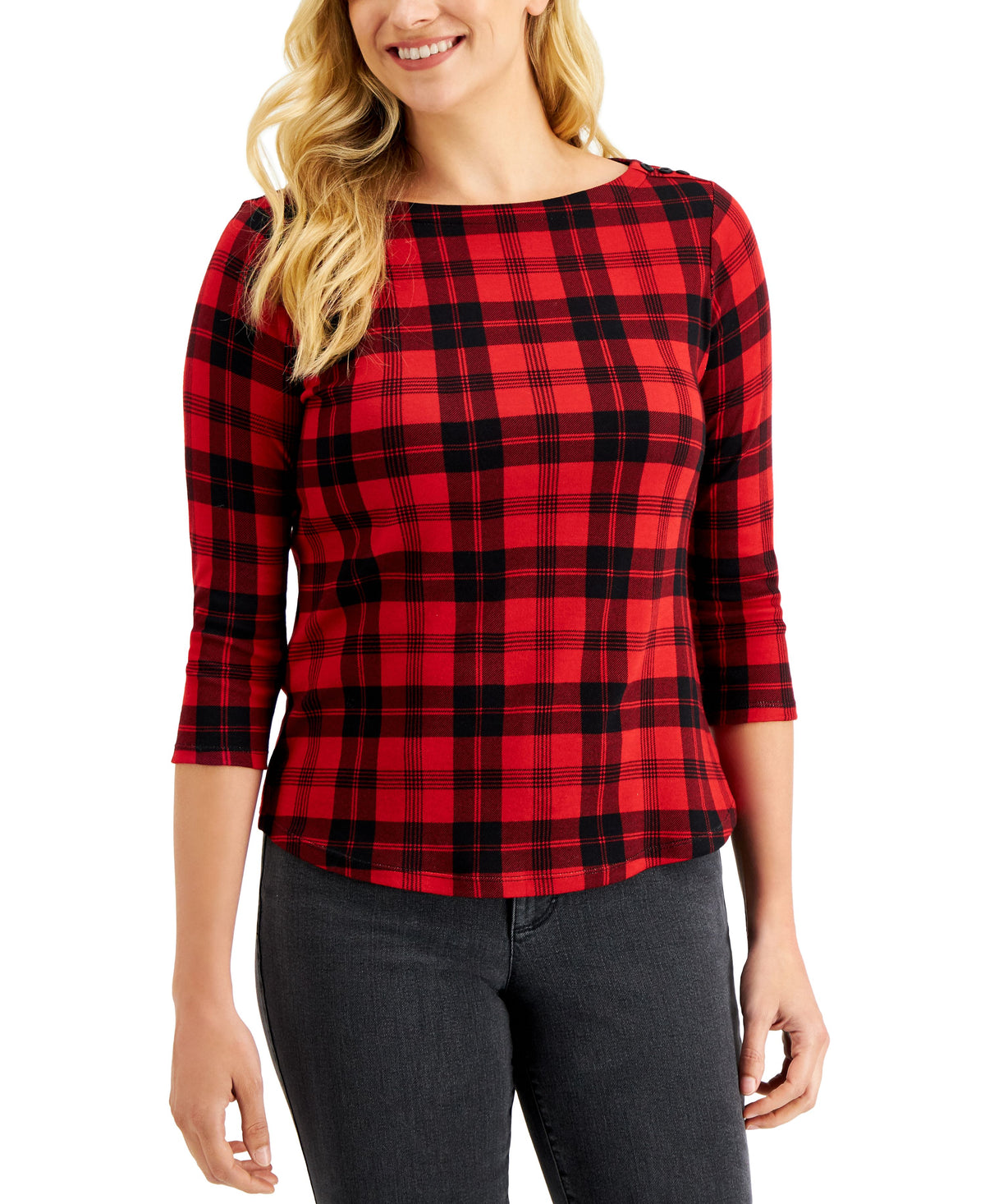 Petite Cotton Plaid Boat-Neck Top