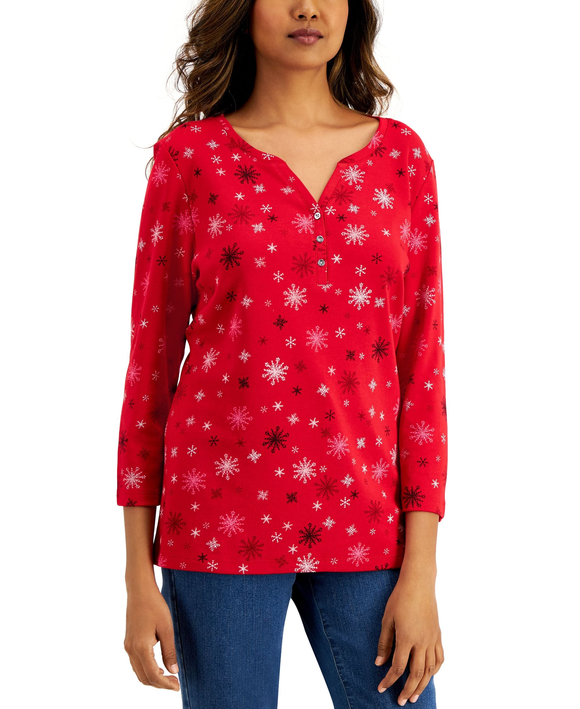 Karen Scott Petite Snowflake Print Henley Top