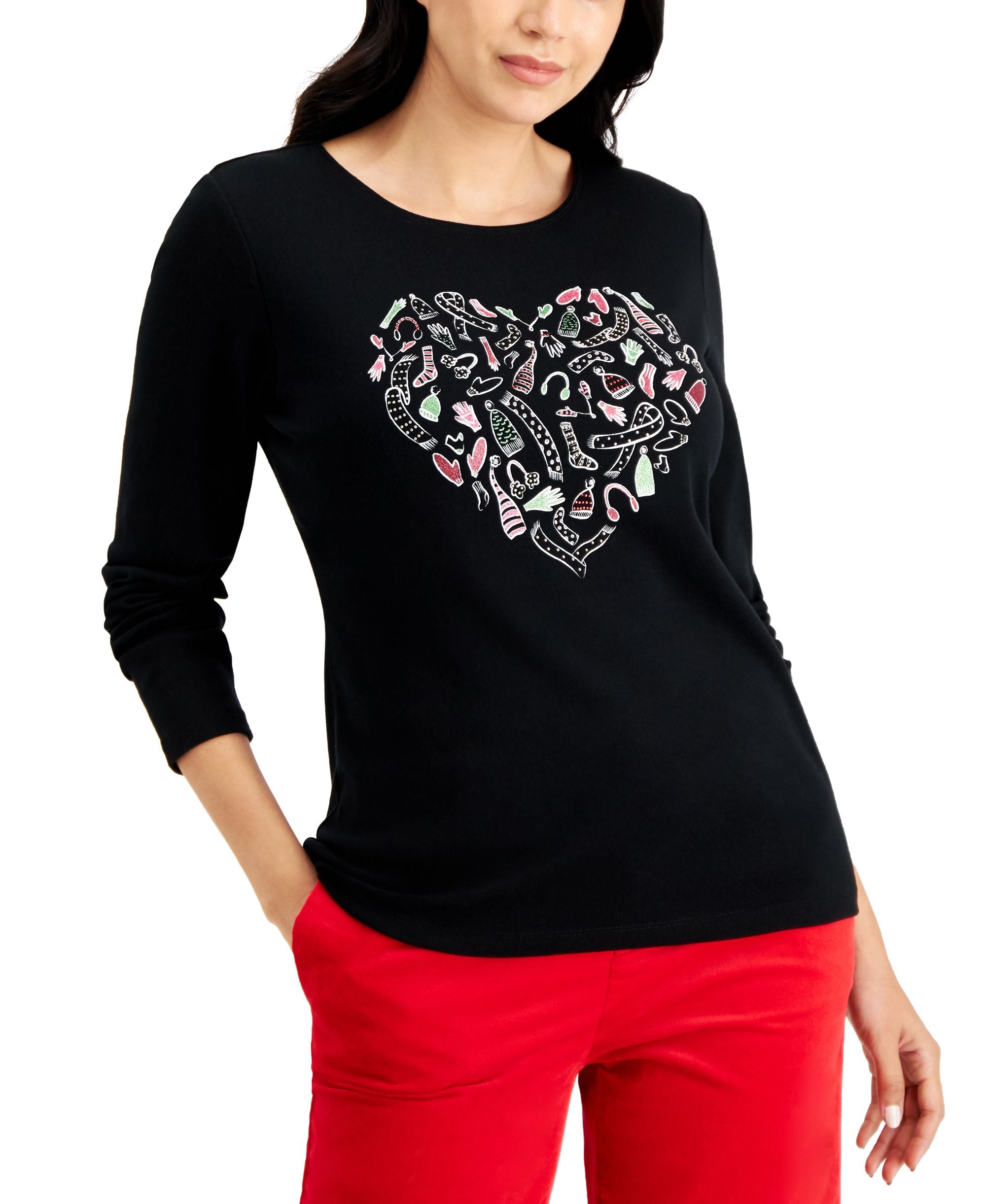 Karen Scott Petite Cotton Love Knit Graphic Print Top
