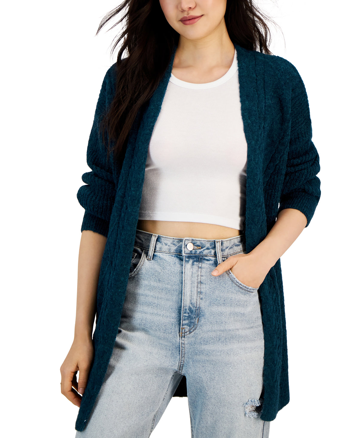 Juniors' Fisherman-Knit Open-Front Long Cardigan
