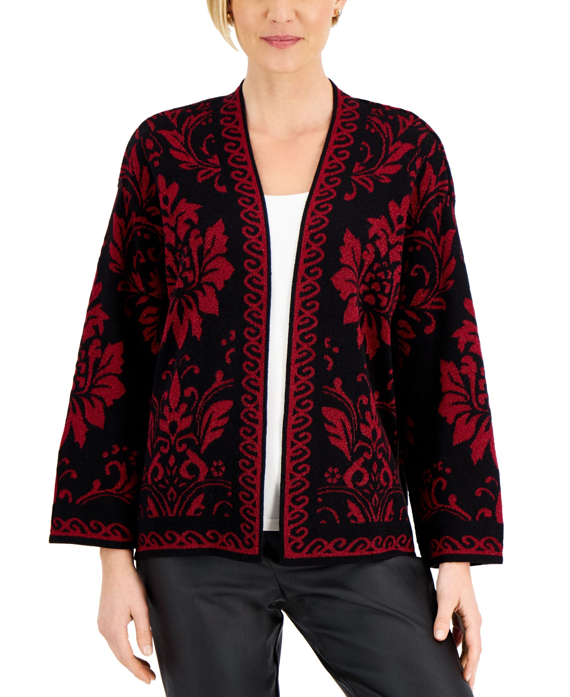 JM Collection Metallic Jacquard Open Cardigan