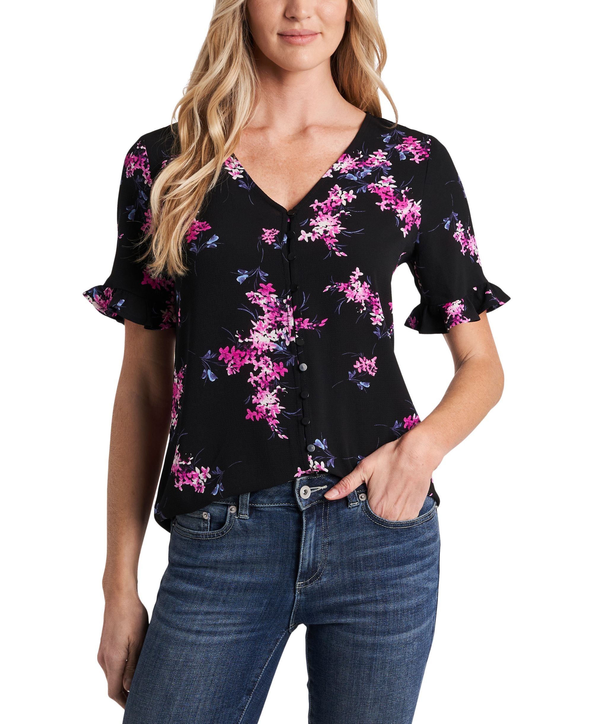 Cece Printed Ruffle Sleeve Top