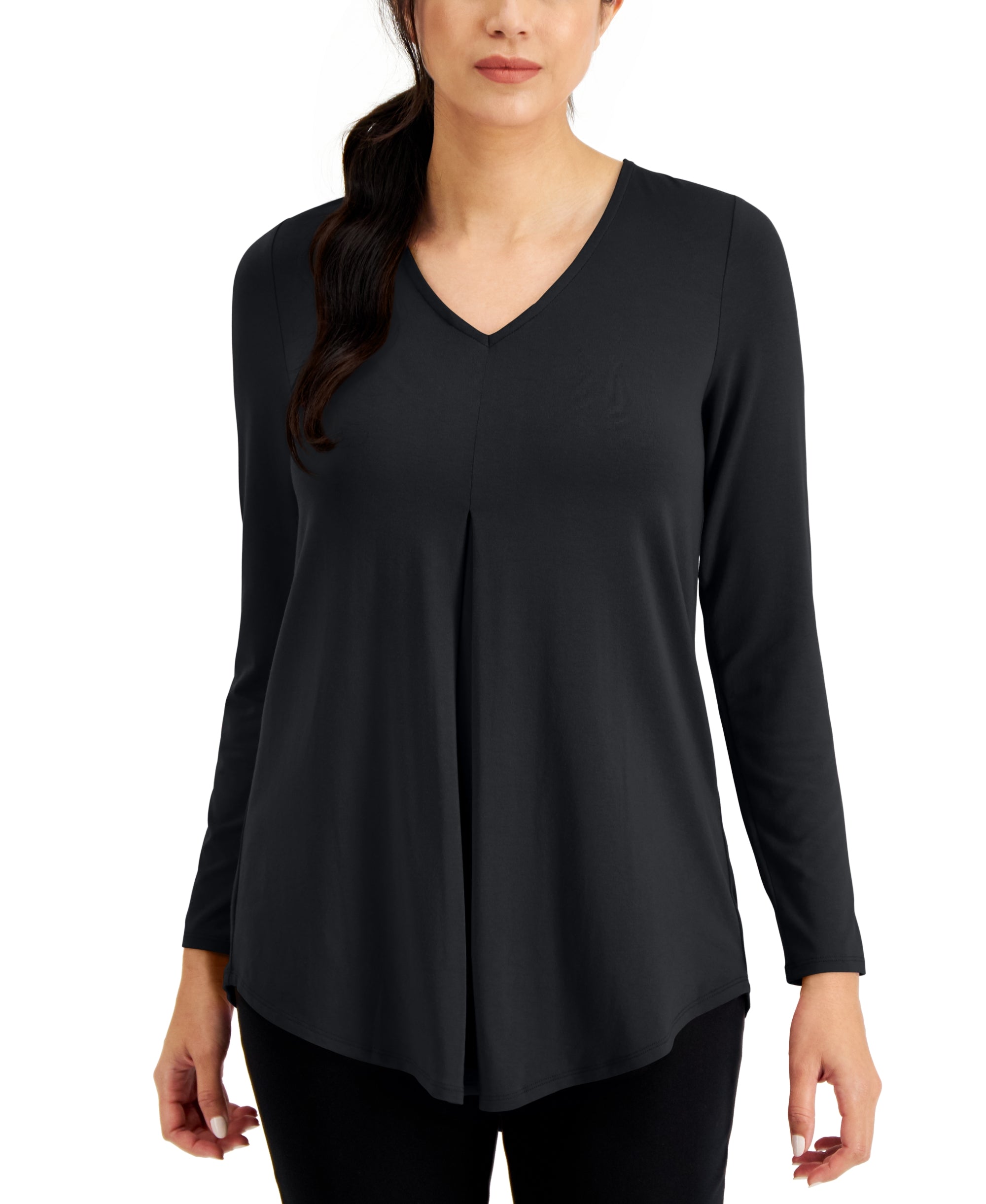 JM Collection Petite V Neck Pleat Front Tunic