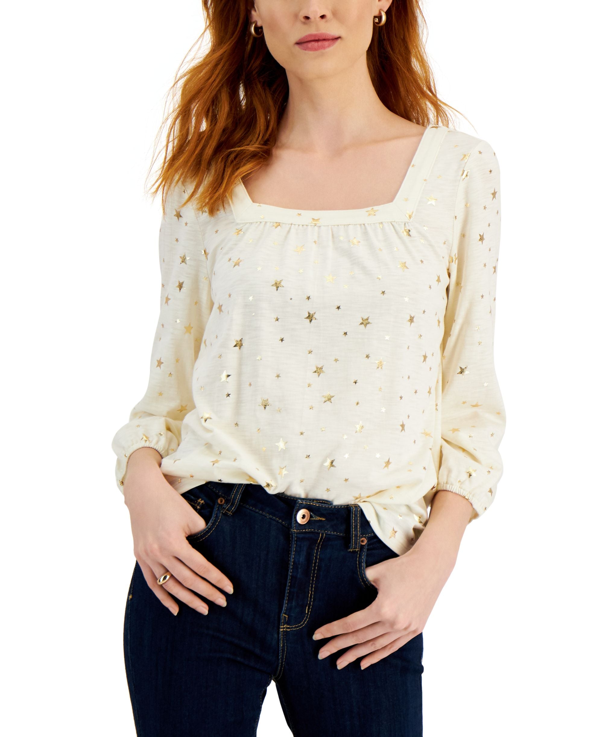 Style & Co Metallic Print Peasant Blouse