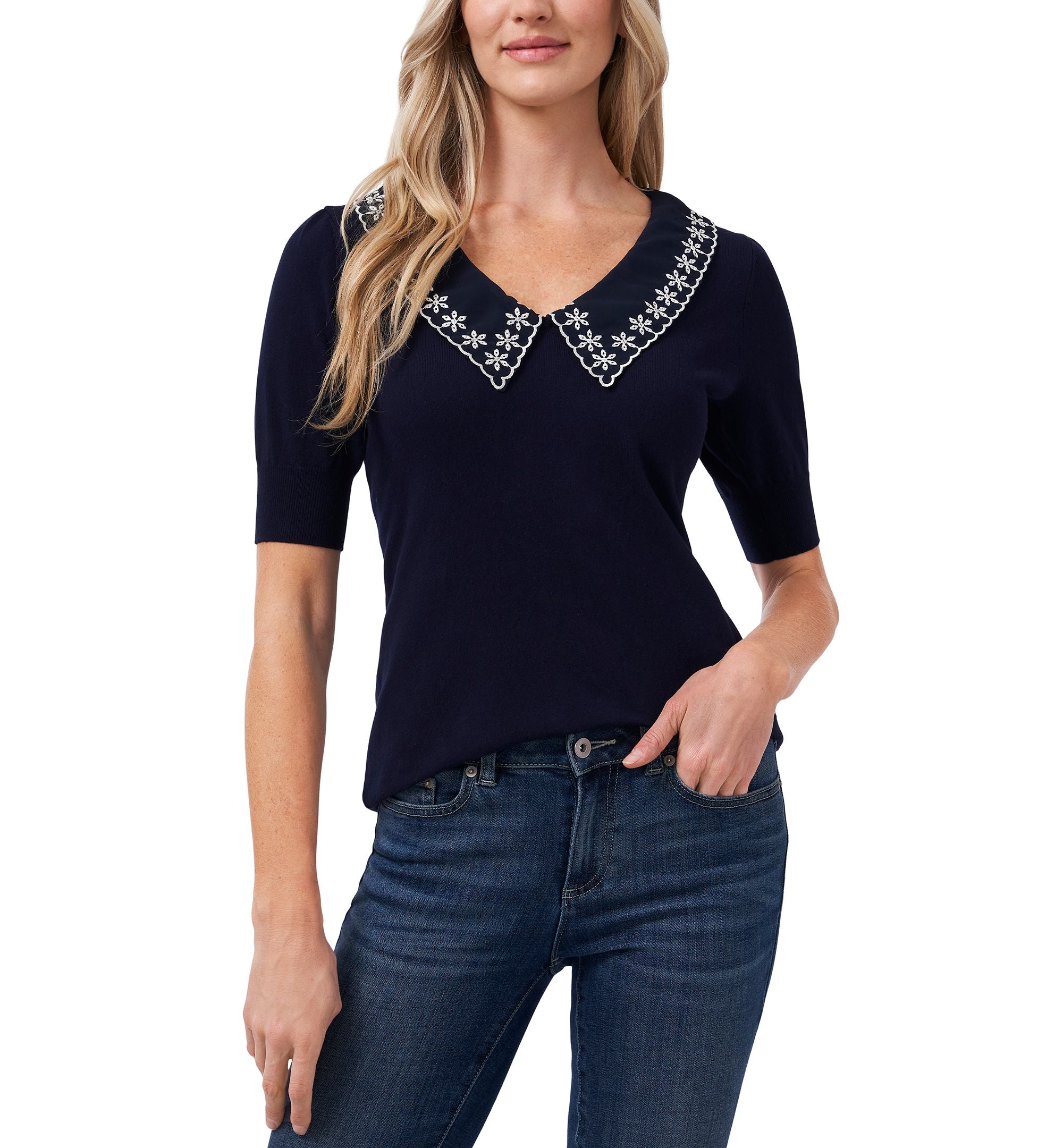 Cotton Embroidered-Collar Sweater