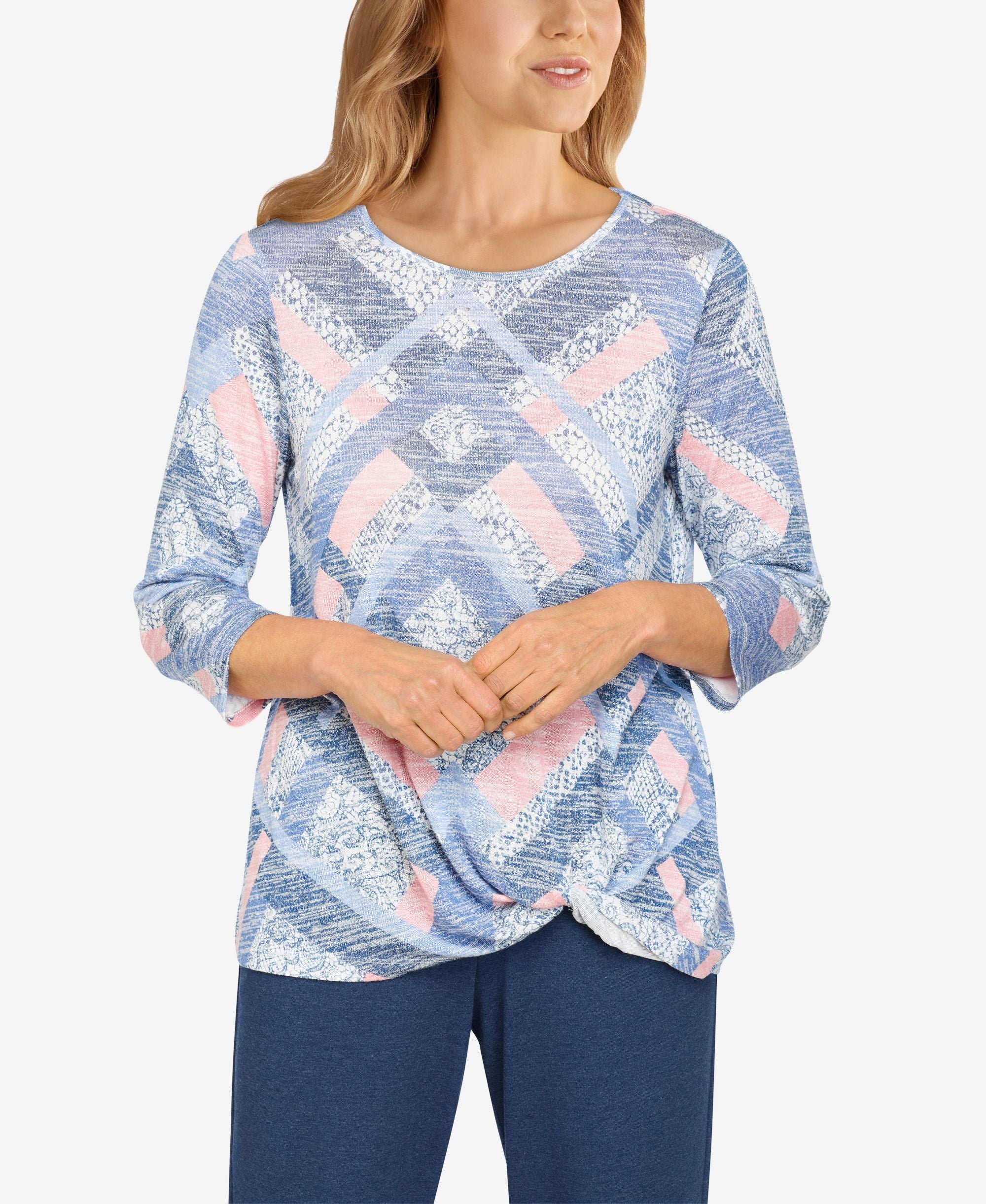 Womens Missy Relax Enjoy Diamond Patchwork Twist Hem Top