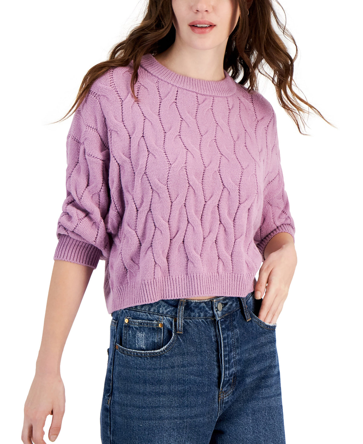 Juniors' Cable-Knit Cropped Crewneck Sweater