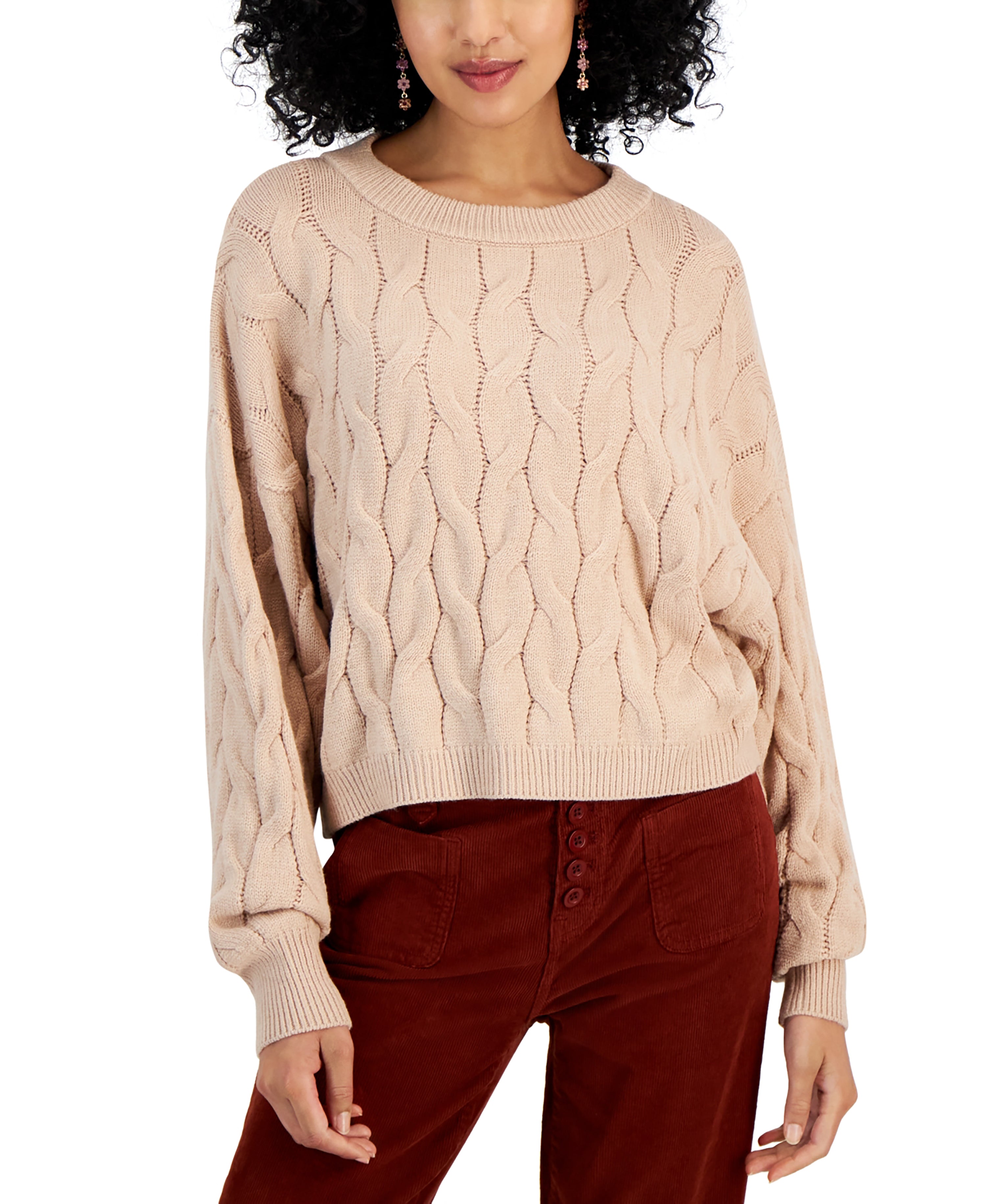 Juniors' Cable-Knit Cropped Crewneck Sweater