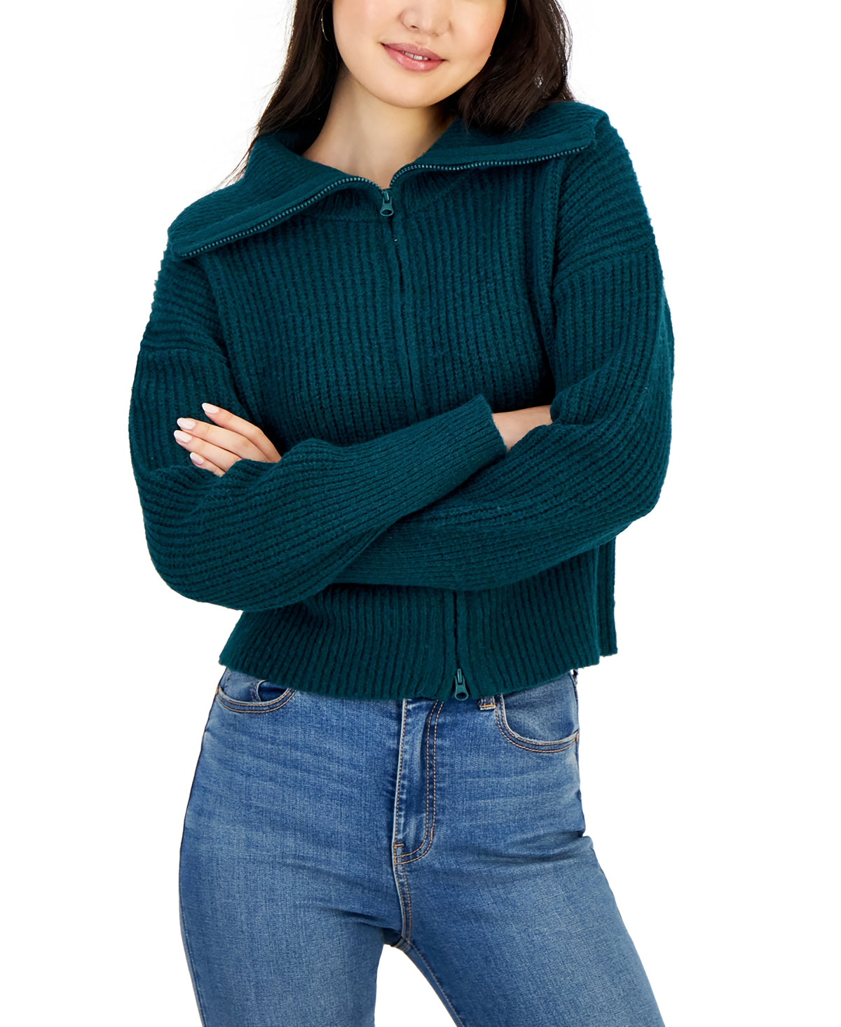Juniors' Collared Zip-Up Cardigan