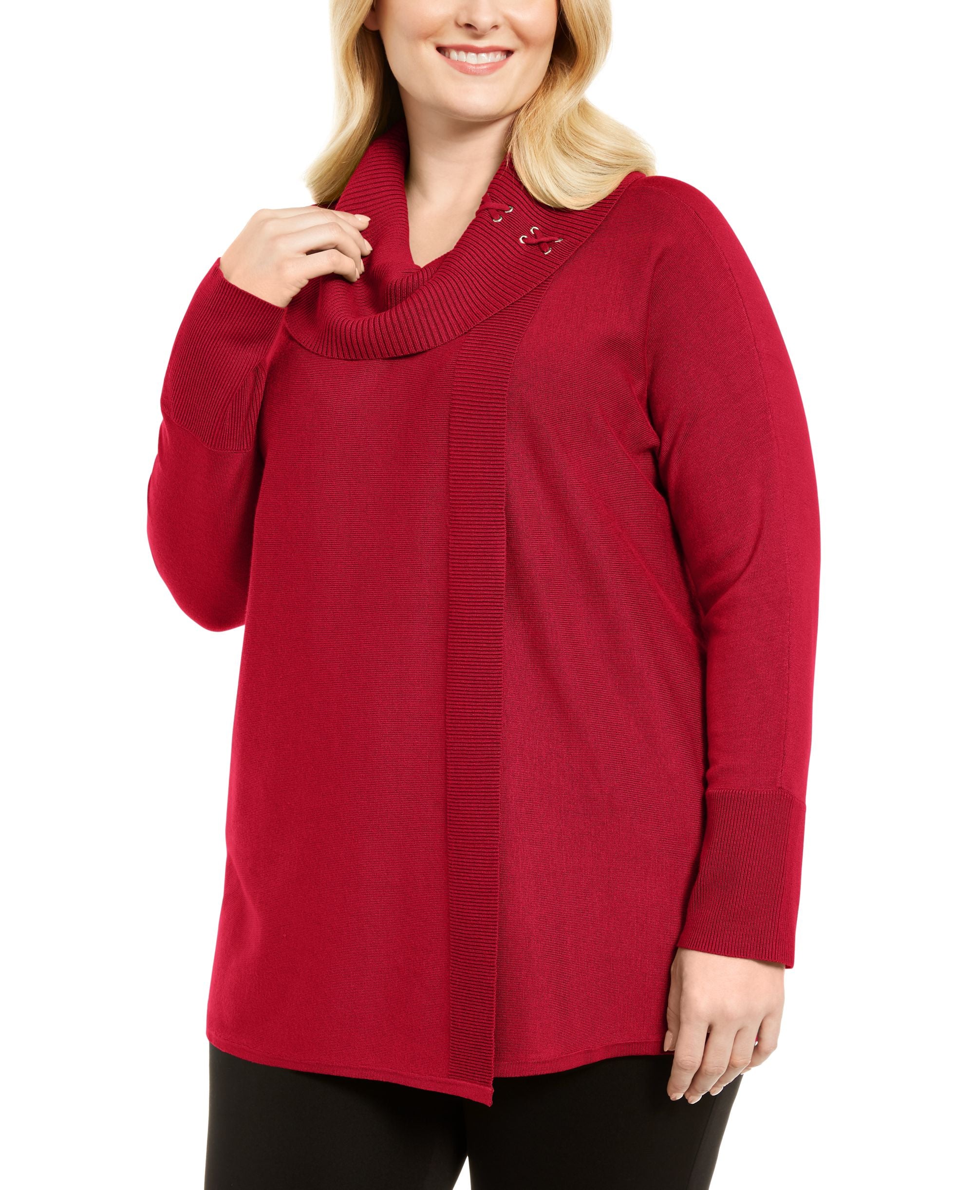 JM Collection Plus Size Lace Up Cowlneck Sweater